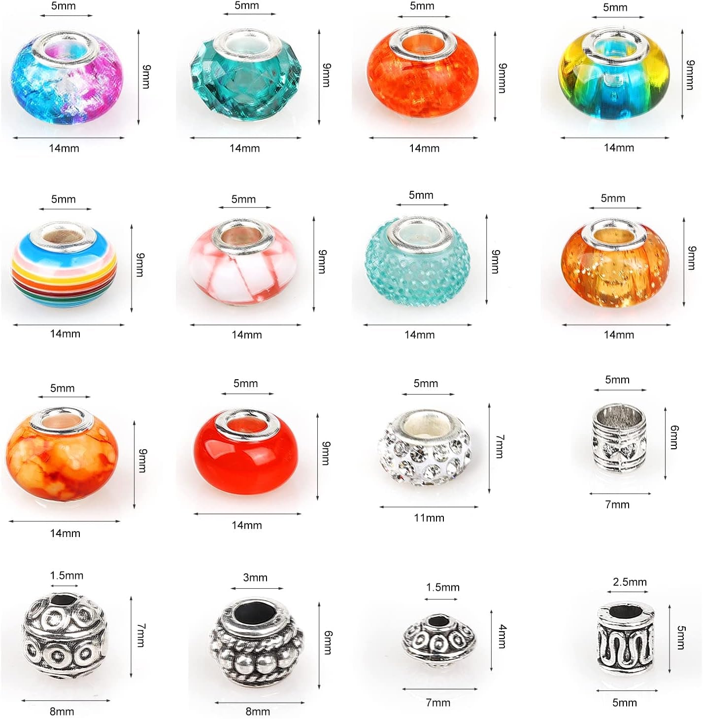 250Pcs Large Hole Beads for Jewelry Making,  200Pcs European Bulk Glass Rhinestones Lampwork with 50+Pcs Silver Spacer DIY Craft Bracelet Necklace Earring Making