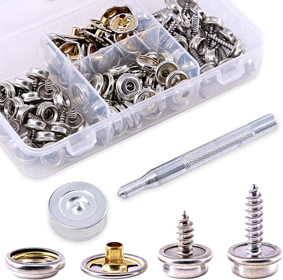 120-Pieces Stainless Steel Marine Grade Canvas and Upholstery Boat Cover Snap Button Fastener Kit with 2Pcs Setting Tool (40 Sets)- Silver