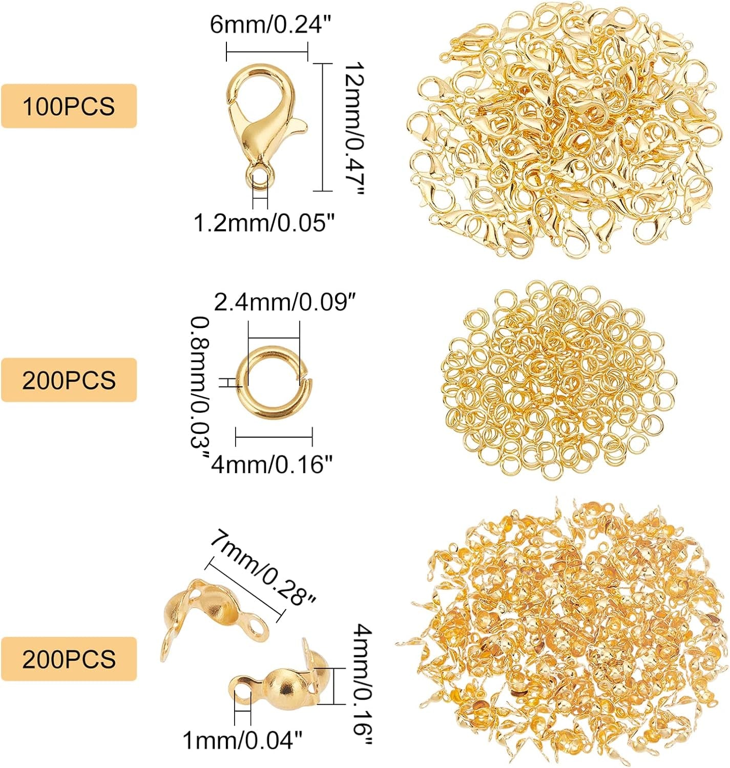 500Pcs Jewelry Making Accessory Set 200Pcs 4Mm 21 Guage Open Jump Ring 100Pcs 12X6Mm Lobster Claw Clasp 200Pcs 7Mm Bead Tips Knot Covers for Earring Bracelet Jewelry Making, Gold