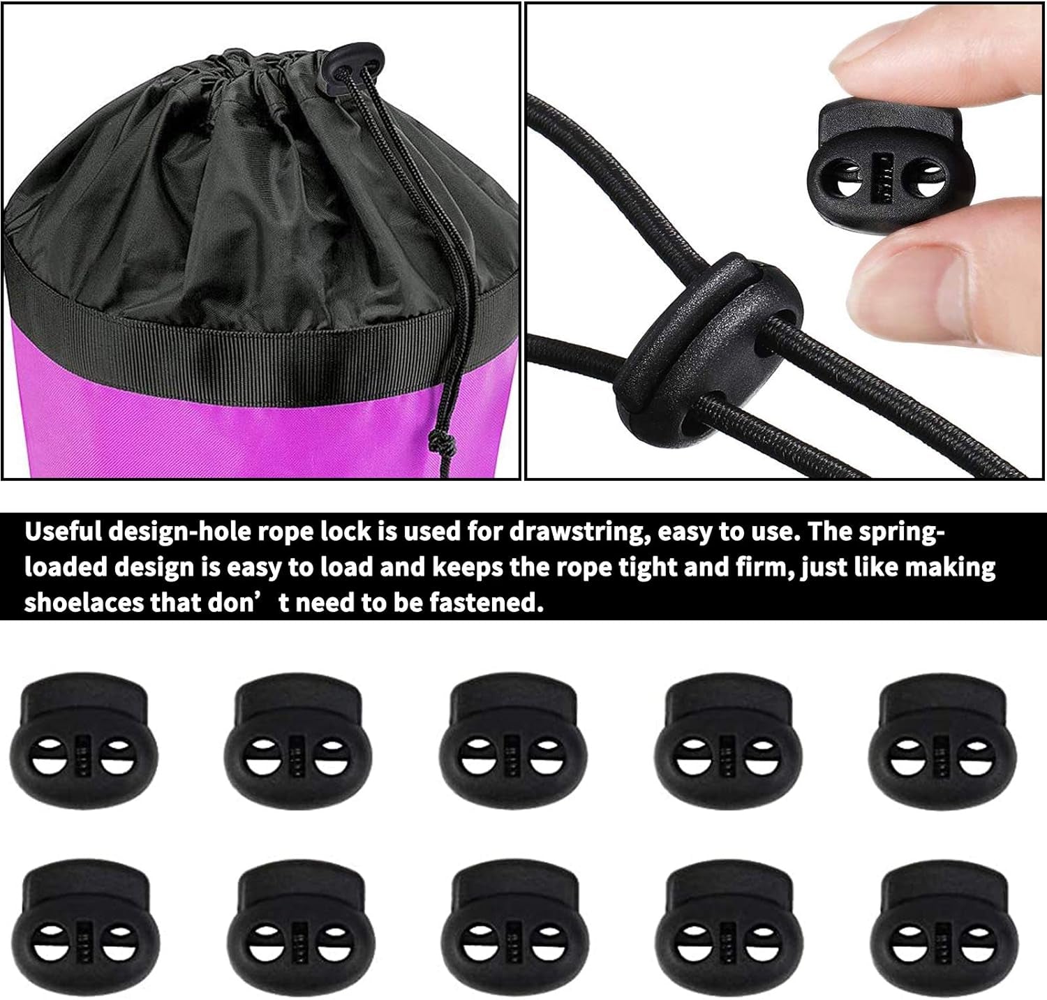 UD 40Pcs Plastic Cord Locks with 18-Inch 65Ft Elastic Cord Stretch String for Drawstring, Shoelaces, Clothing, Backpack, Bags (Black)