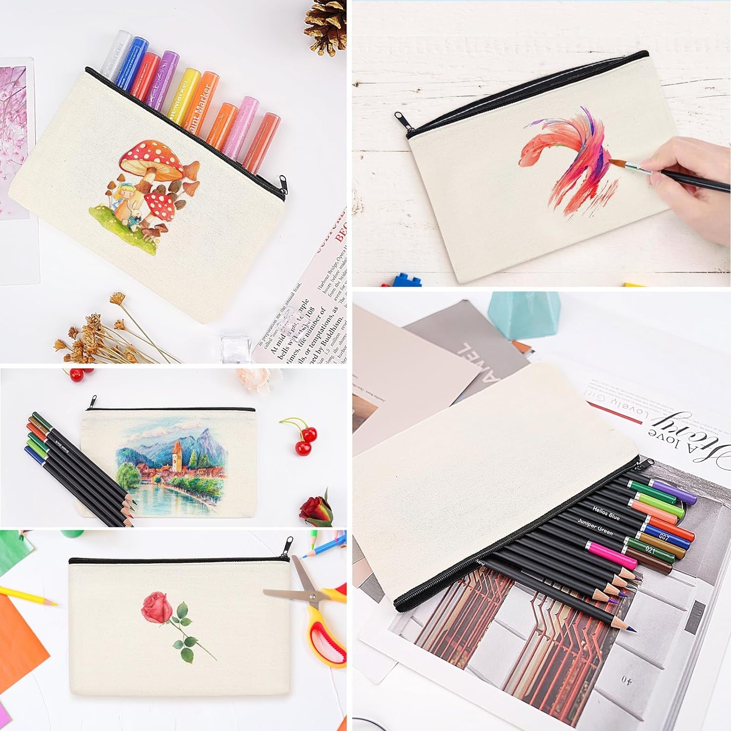 Blank Canvas Makeup Bags 10 Pack, Sublimation Blanks Cosmetic Bags, DIY Heat Transfer Canvas Pen Case Pencil Bags, Beige Multi-Purpose Travel Toiletry Zipper Bags (10Pcs 8.3 × 5 Inch)