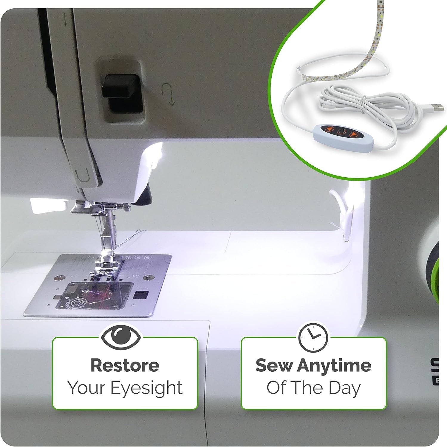 Sewing Machine Light Strip | 12" USB LED Light Strip, Clean White Lights for Brother, Janome, Babylock, Pfaff | Dimmable, 98" Power Cord, and Clips Included