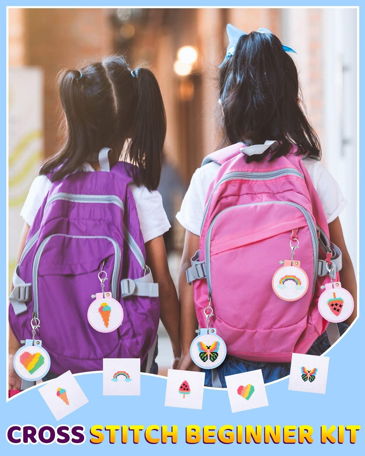 6 Pcs Cross Stitch Kits for Beginners for Kids 7-13, Kids Embroidery Kit Needlepoint Kit Arts and Crafts Kit with Instructions for Backpack Charms, Ornaments and Needle Craft
