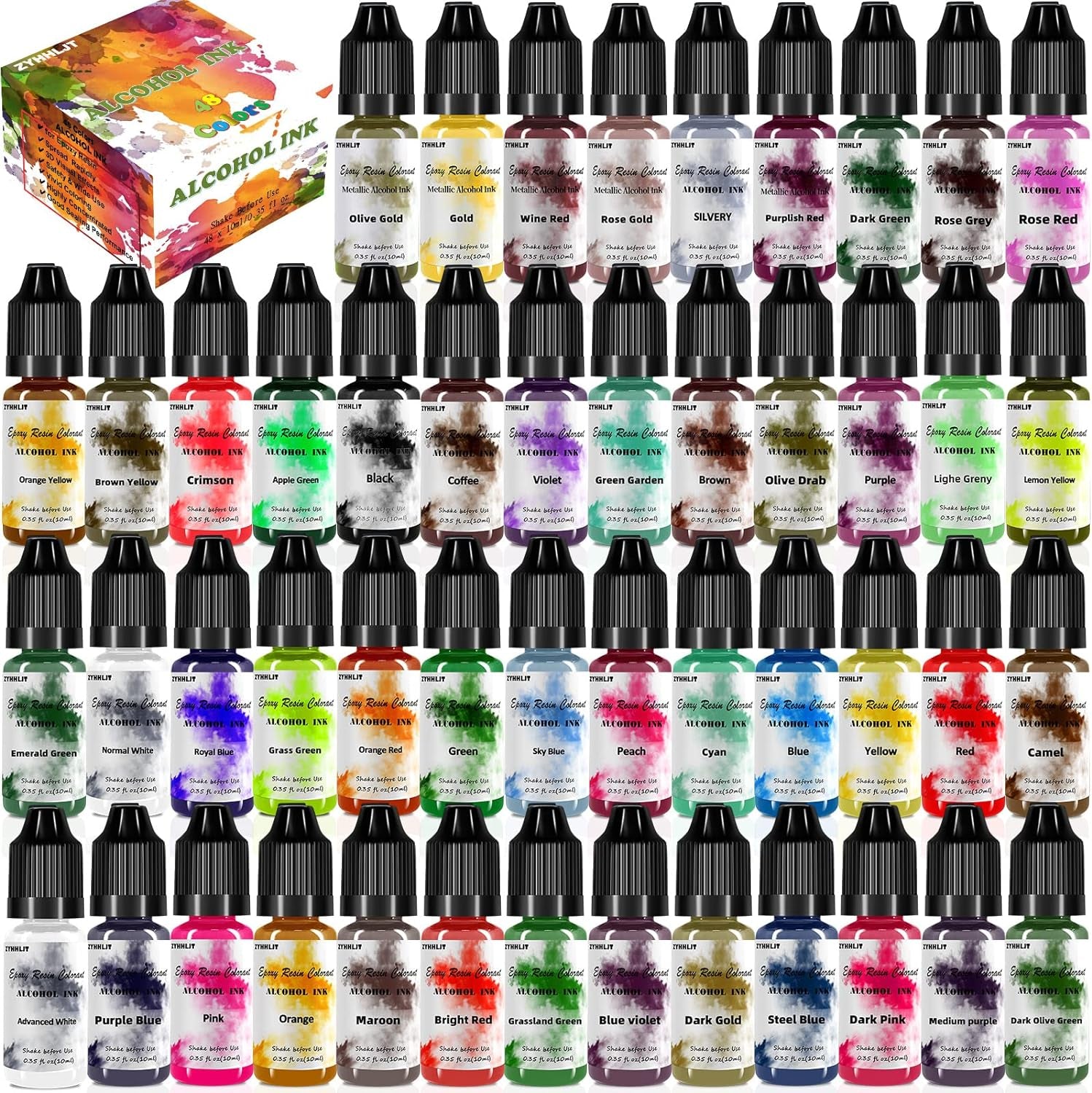 Alcohol Ink Set – 48 Bottles Vibrant Colors High Concentrated Alcohol-Based Ink, Concentrated Epoxy Resin Paint Colour Dye, Great for Painting,Resin Petri Dish, Coaster,Tumbler Cup Making,(10Ml Each)