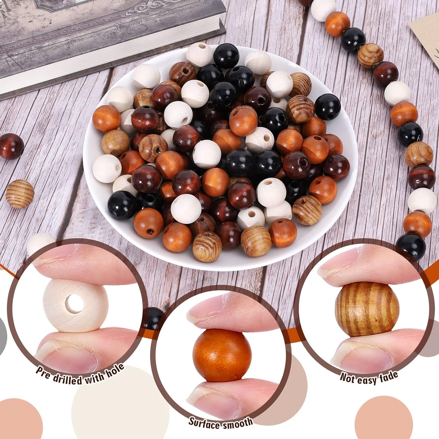 240Pcs Farmhouse Rustic Fall Wood Beads Natural round Wooden Beads Colorful Wood Beads with Hemp Rope Handmade Polished Boho Beads for Home Decor DIY Crafts Bracelet Necklace Making Supplies