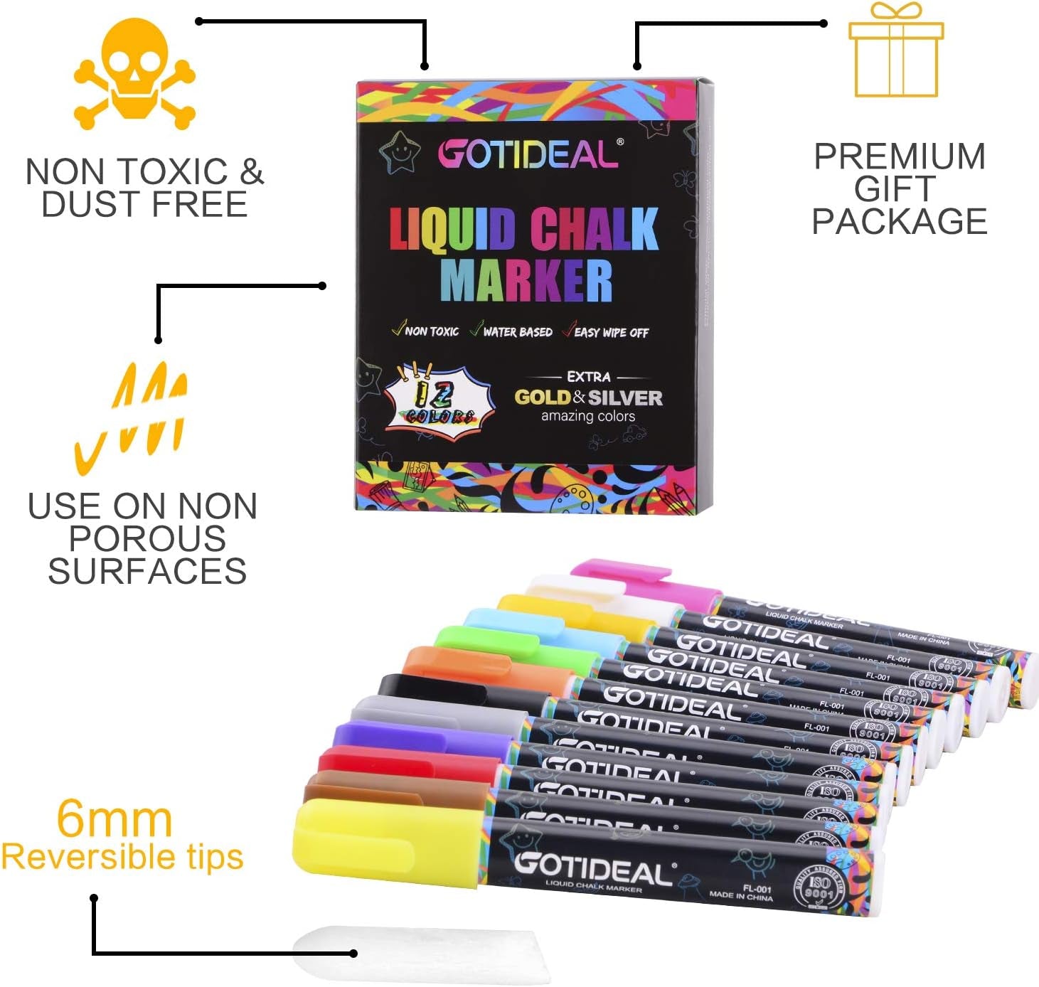 Liquid Chalk Markers, 12 Colors Premium Window Chalkboard Neon Pens, Including 2 Metallic Colors, Painting and Drawing for Kids and Adults, Bistro & Restaurant, Wet Erase - Reversible Tip