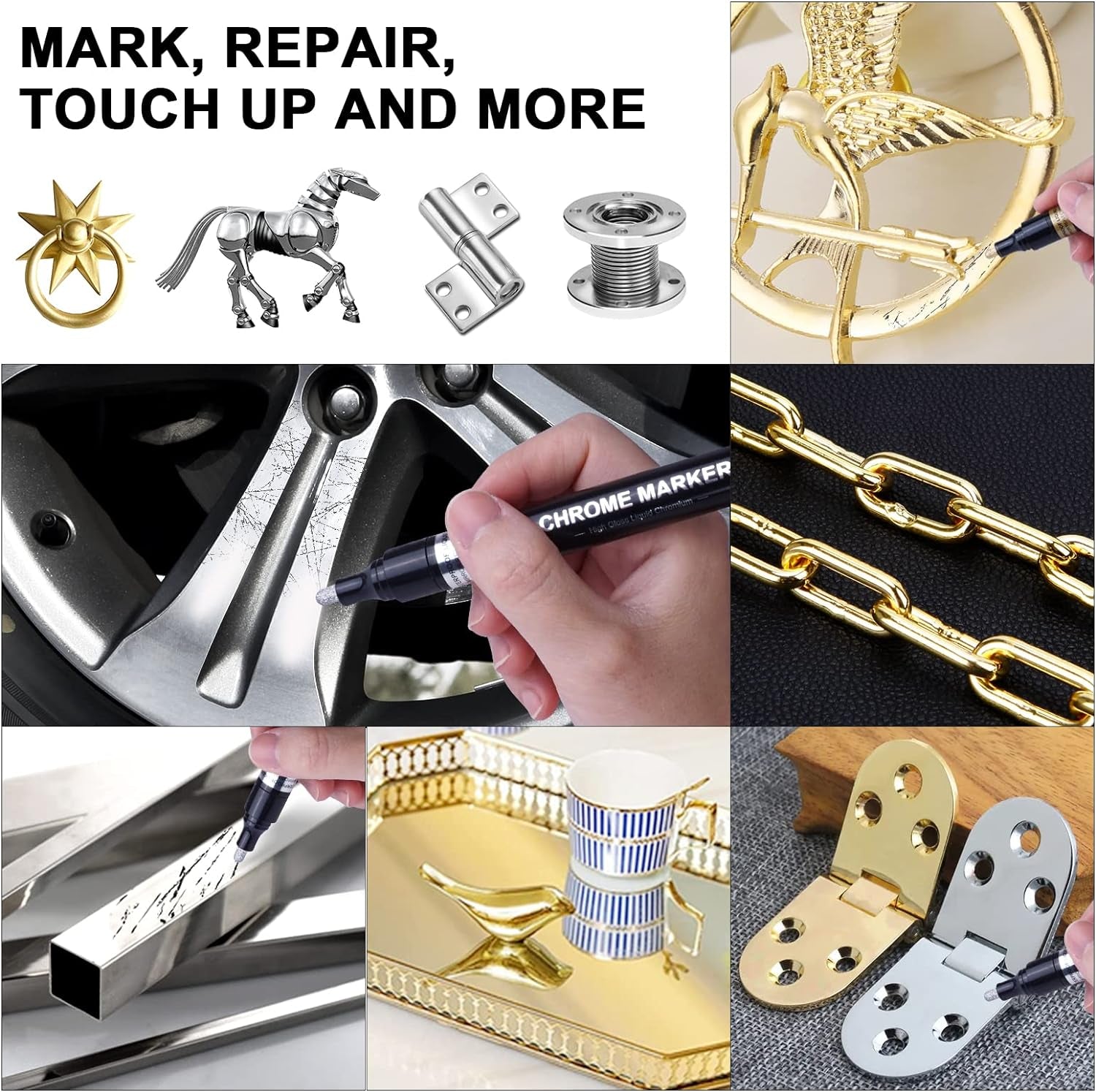 5Pcs Silver Liquid Mirror Chrome Markers, Oil-Based Permanent Chrome Paint Pens for Model Painting, Repairing, Marking or DIY Art Projects, Waterproof Reflective Gloss Metallic Markers