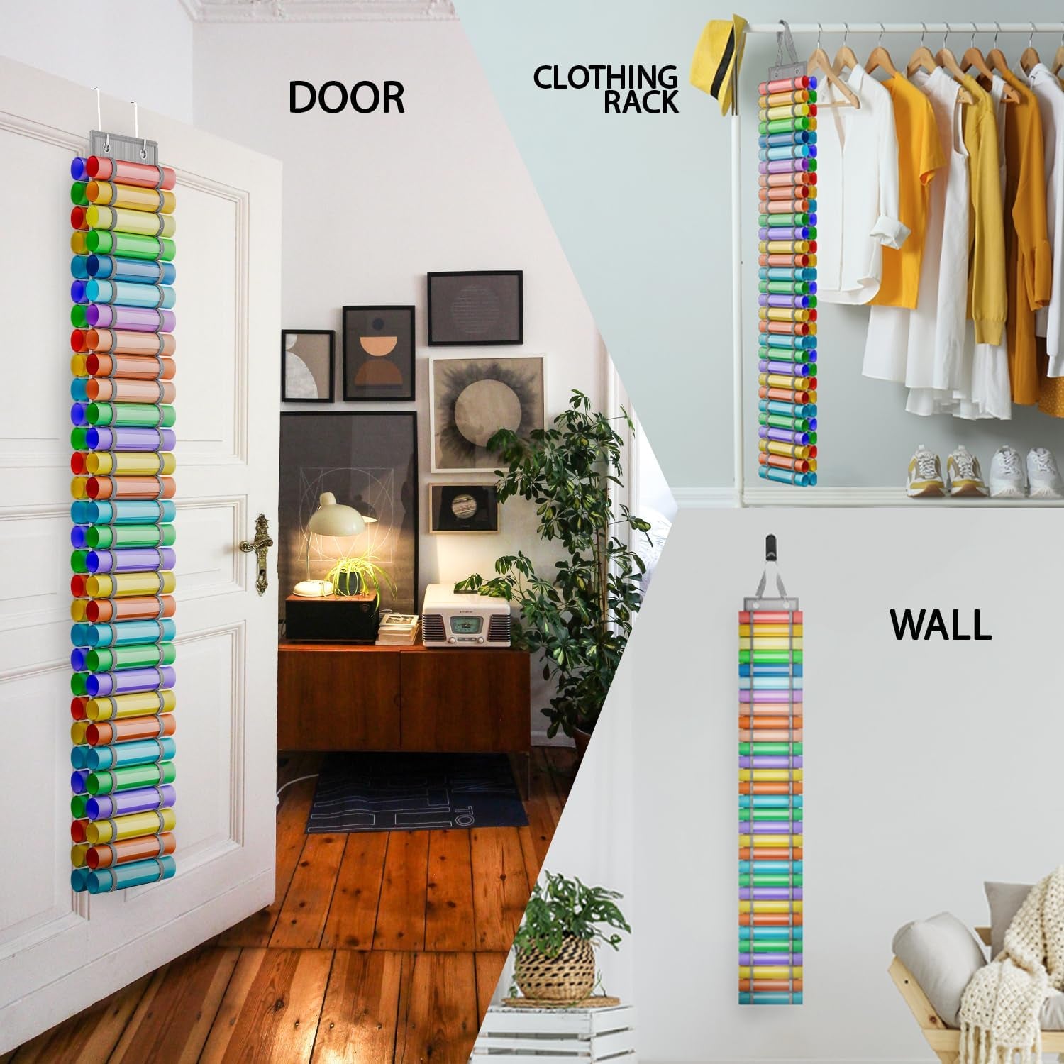 60 Compartments Vinyl Roll Holder with 14 Internal Mesh Pockets, 2 Hooks &amp; 2 Straps - 66"X8.6" Vinyl Roll Storage - Vinyl Storage Organizer - Vinyl Organizer Storage Craft Rack