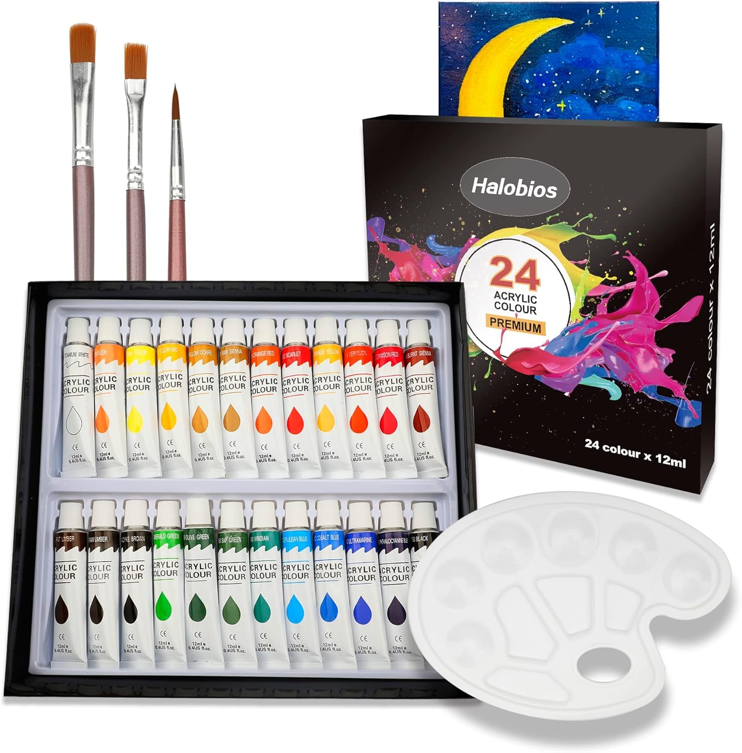 Acrylic Paint Set with 3 Paint Brushes, 24×12Ml Colors Premium Paint Set with 1 Palette 1 Canvas Boards, Art Painting Kits for Adults, Paint Supplies for Canvas Rock Painting Craft Art Class