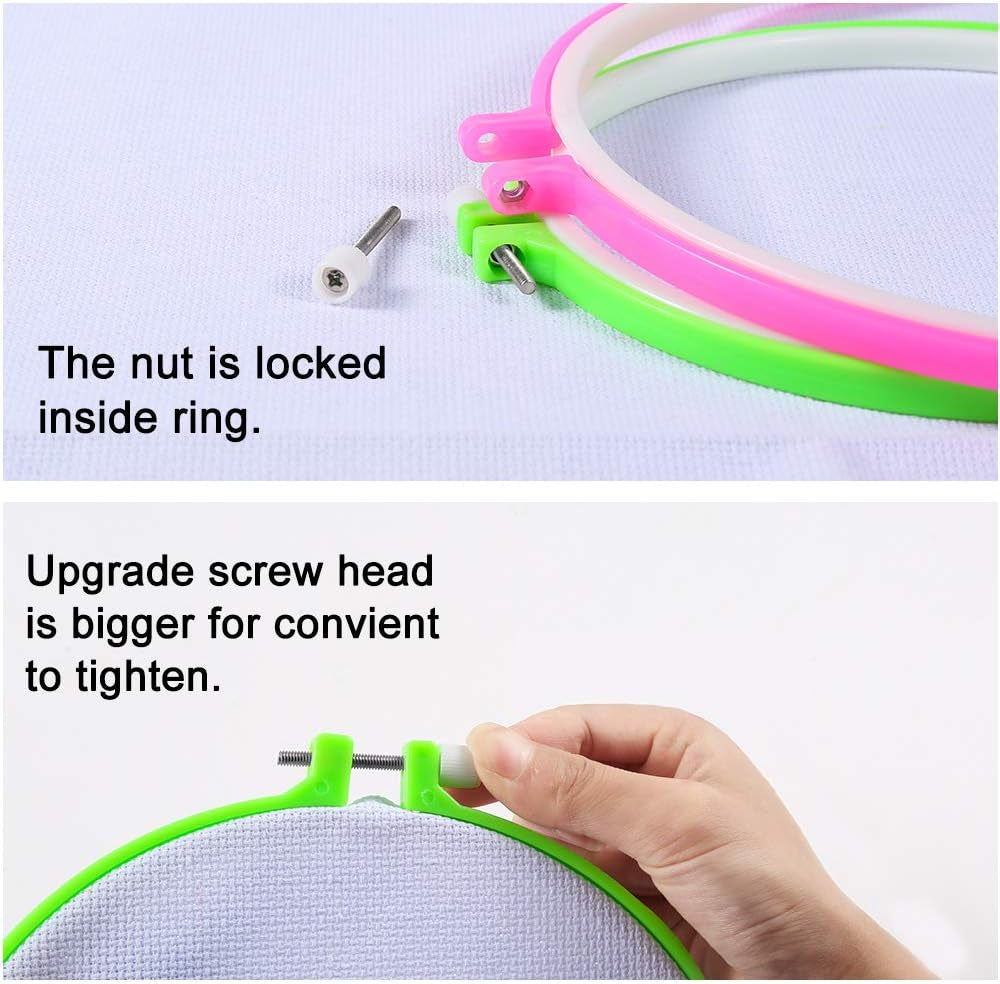 6 Pieces Embroidery Hoops and 15 Needles, Plastic Circle Cross Stitch Hoop Ring Embroidery Circle Set, 3.4 Inch to 10.4 Inch (Multicolor)