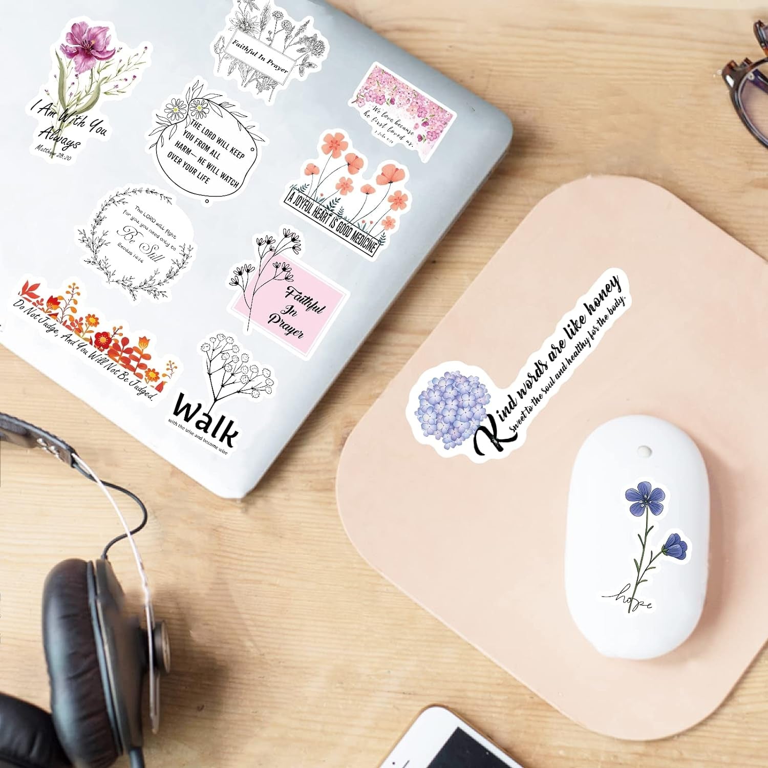200Pcs Inspired Christian Stickers, Bible Verse Stickers, Blossoms Stickers for Water Bottle Laptop Scrapbooking Decals Christian Gifts Bible Journaling Supplies