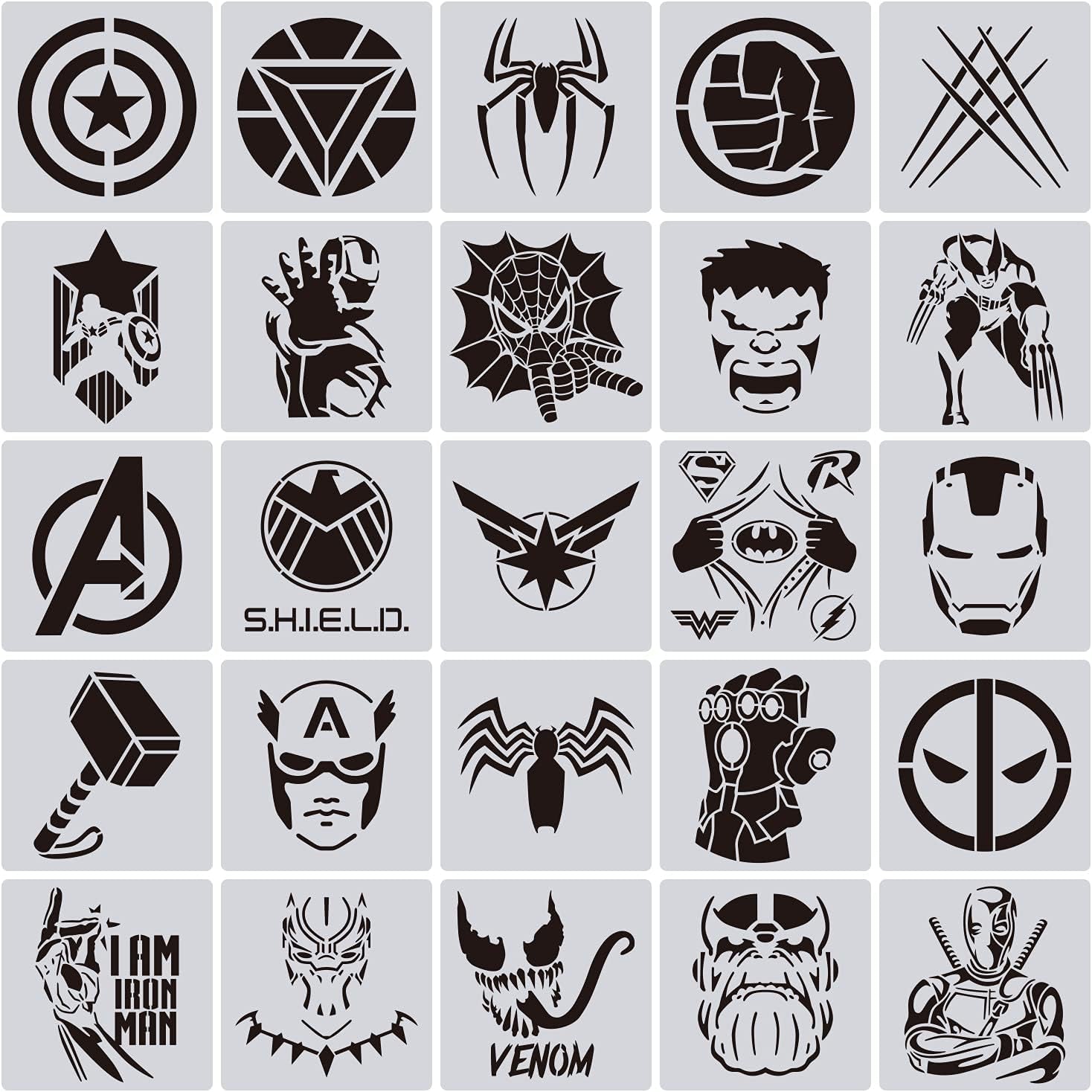 25 Pcs Superhero Stencils for Painting on Wood Canvas - Kids Drawing Painting Stencil Art Supplies Superhero Avatars and Logo Stencils for Home Decor & DIY Project