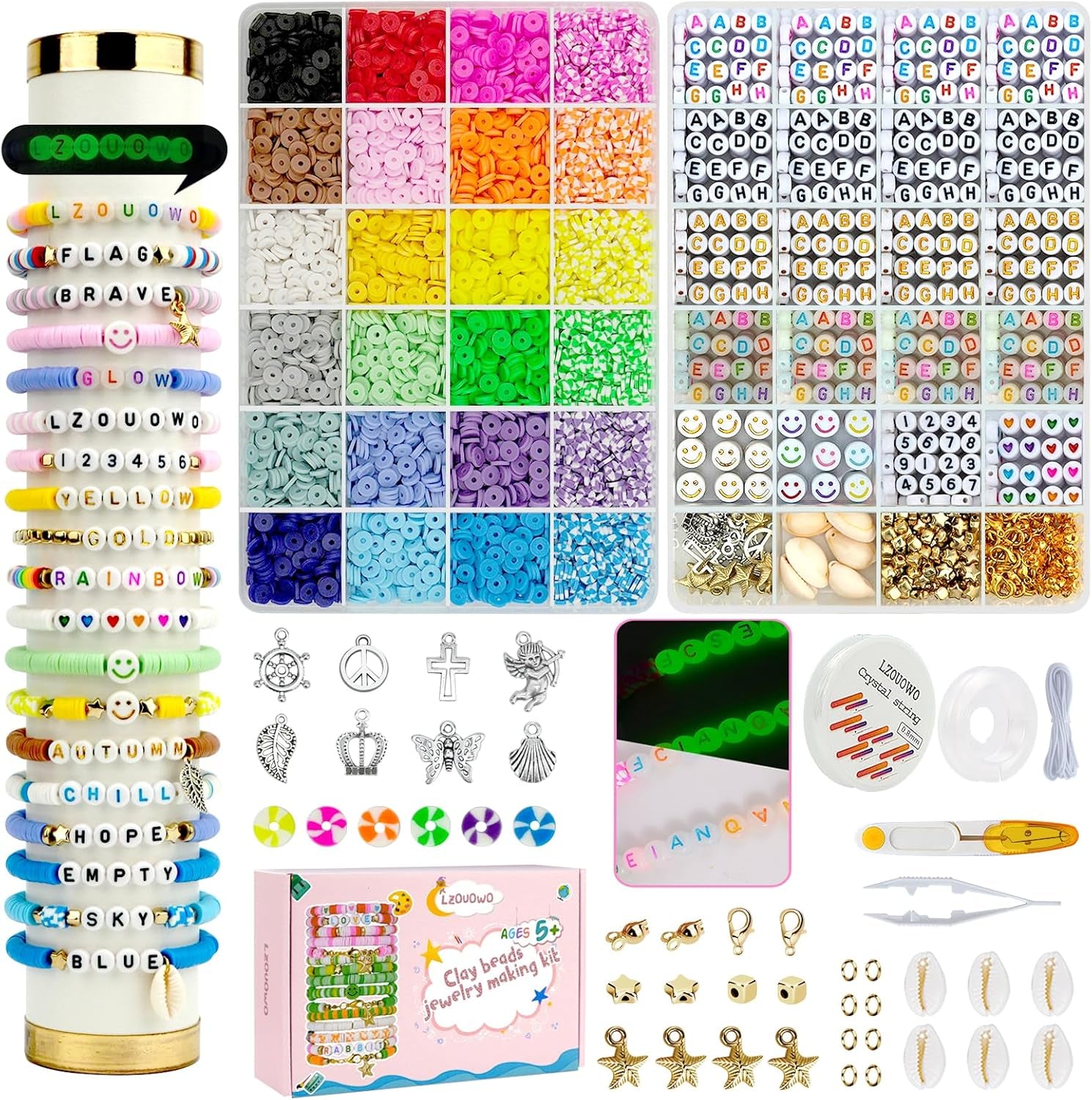6100 Polymer Clay Beads for Bracelets Making Aesthetic Kit 24 Colors Flat Heishi Beads for Jewelry Making DIY Set with Letter Beads, Smile Face Beads and Charms for Cretive Gift