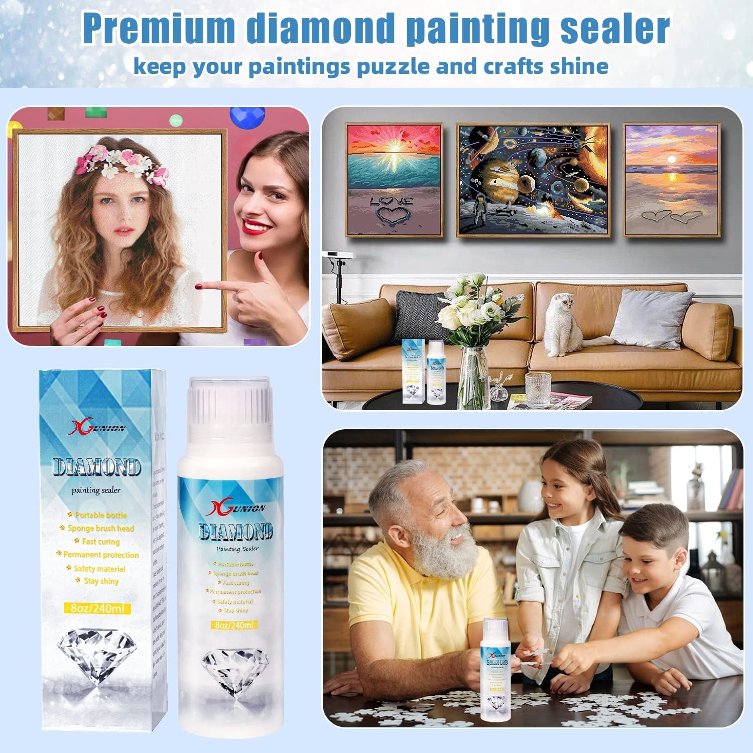 Diamond Painting Sealer 240ML Diamond Painting Glue with Spong Head 5D Diamond Painting Art Glue Sealer Accessories Permanent Hold &amp; Shine Effect for Diamond Painting and Puzzles(8 OZ)