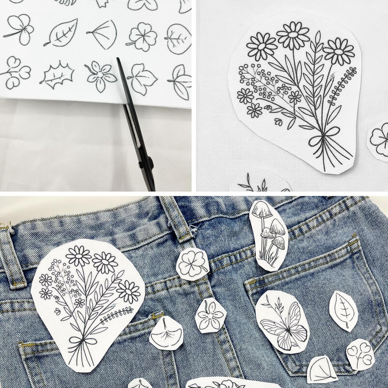 75 Pcs Stick and Stitch Embroidery Paper Designs 3 Sheets A4 Water Soluble Stabilizer for Embroidery Patterns Adhesive Embroidery Transfer Paper with Pre-Printed Flower Leave Butterfly for Hand Sewing
