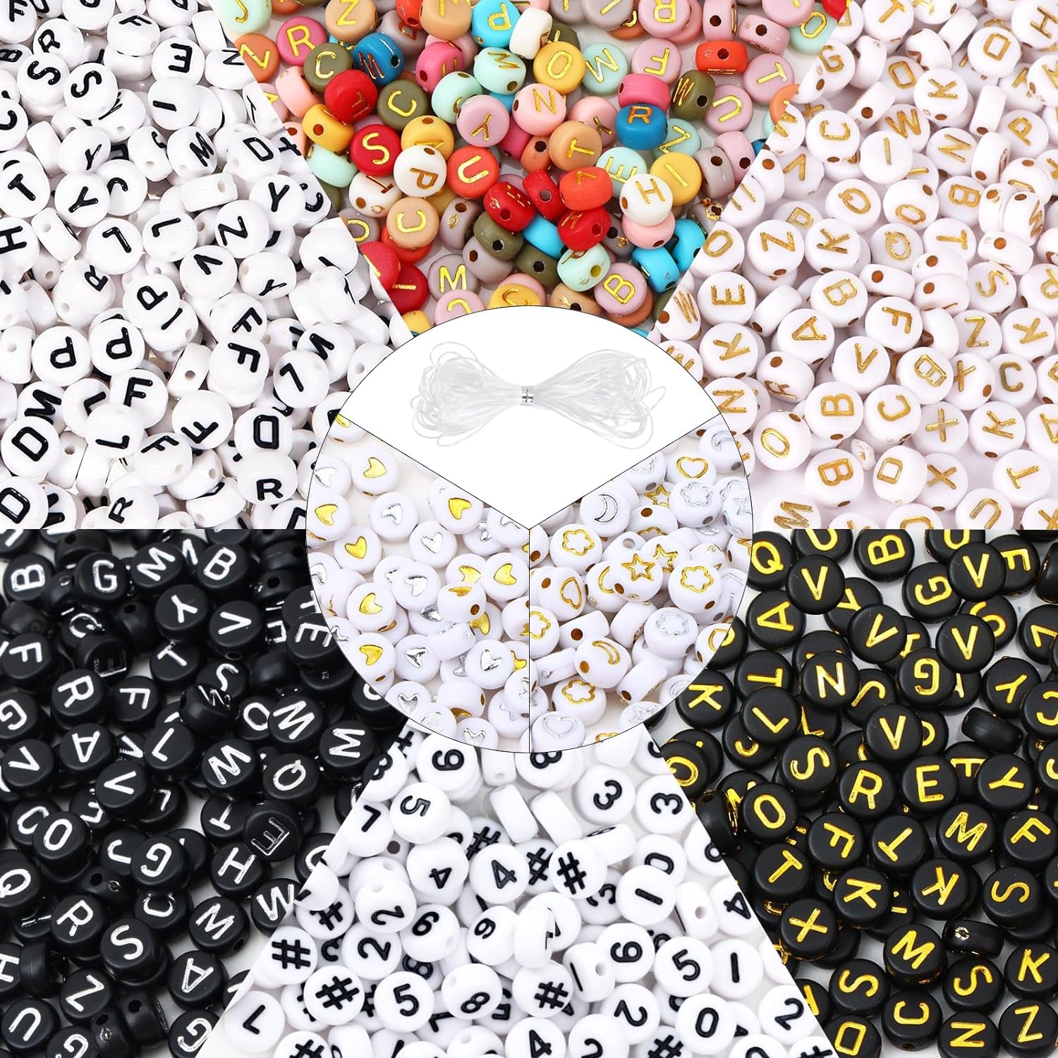 2000Pcs Letter Beads for Bracelets, 9 Color round Alphabet Number Beads with 1 Roll Elastic String for Bracelet Necklace Jewelry Making Supplies (7X4Mm)