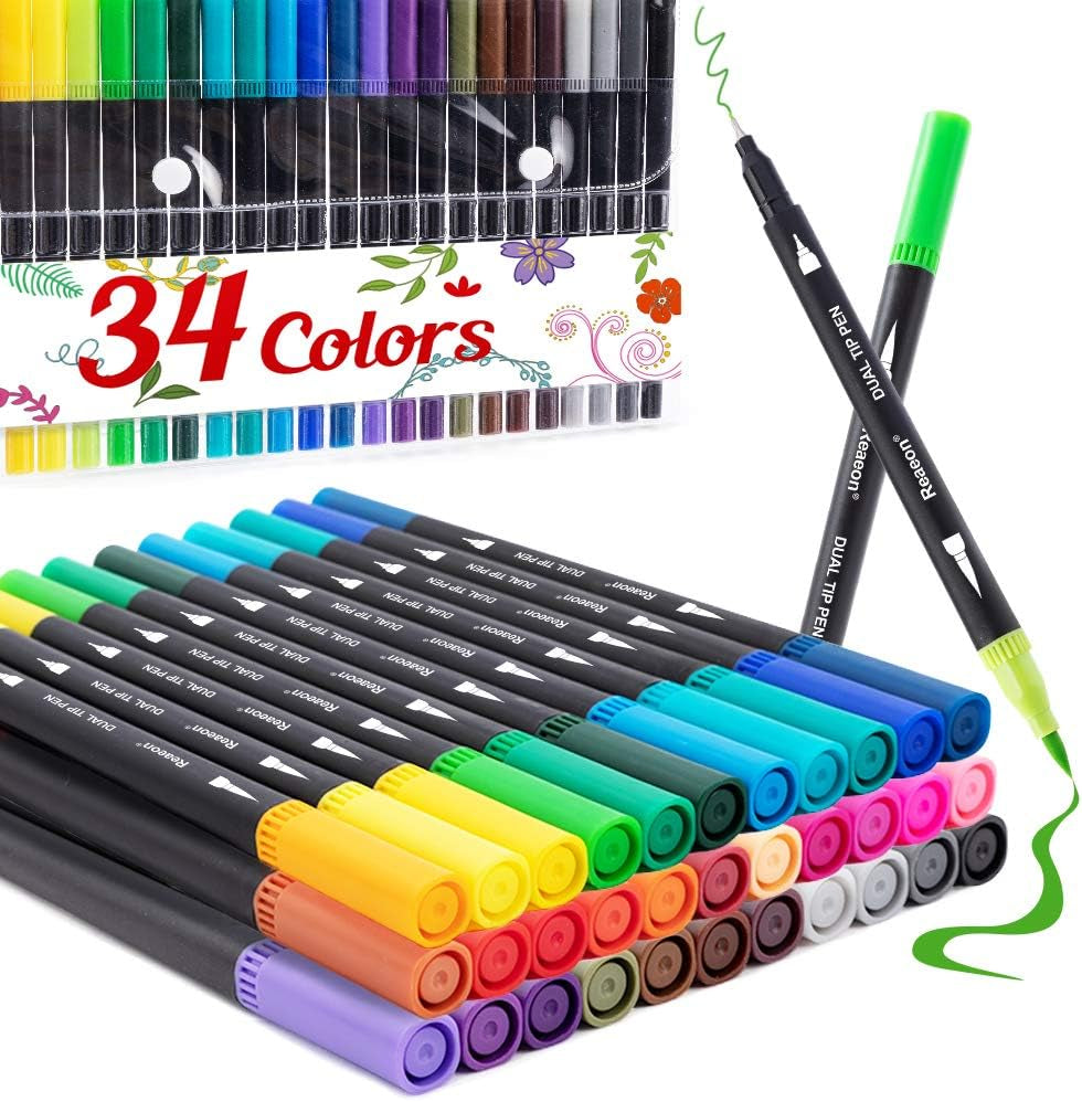 Coloring Markers Pen, Dual Brush Tip Marker for Adult Coloring, 34 Color Calligraphy Fine Tip Pen for Beginner Journal Planner, Drawing, Doodle