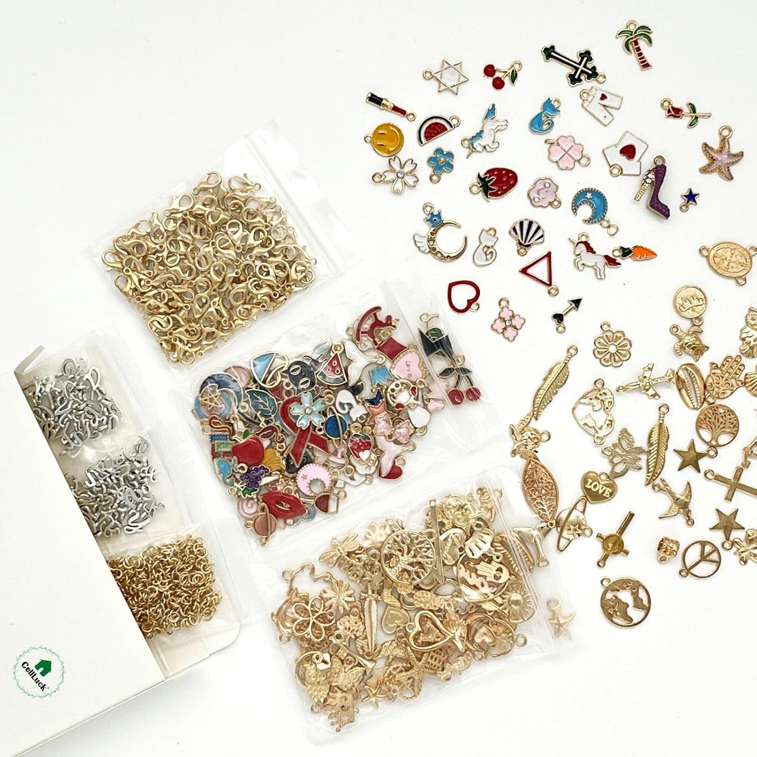 200Pcs Mixed Gold Plated Enamel Charms for Jewelry Making - Also Includes 52Pcs Letter Pendants, 400Pcs Jump Rings and 100Pcs Lobster Clasps for Necklaces,Bracelets,Earrings,Diy Crafting