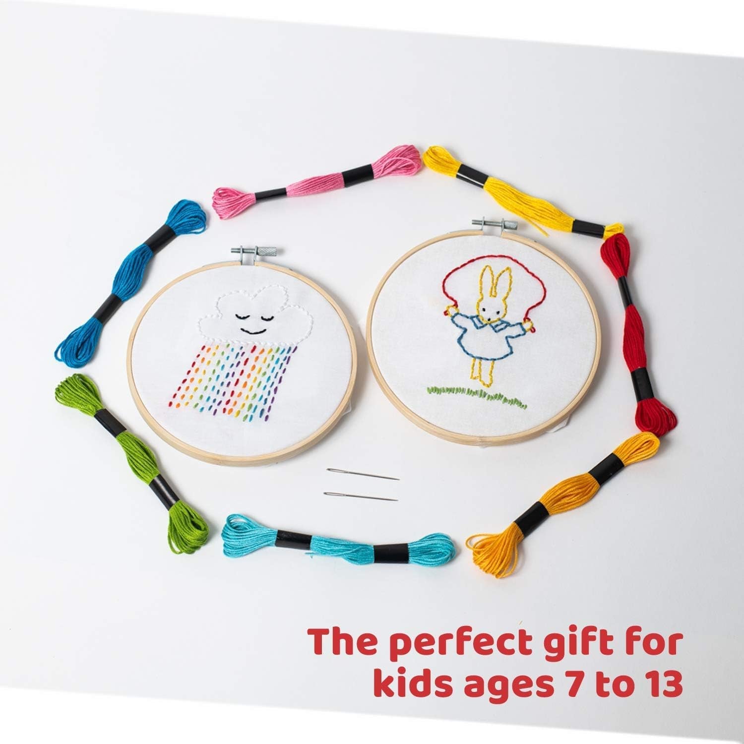 Embroidery Sewing Kit for Beginners, Kids Craft Kit Gift for Girls Boys Ages 8-12, 10 Projects, Embroidery Hoops, Fabric, Patterns, Floss, Needles, Needlepoint Cross Stitching Supplies