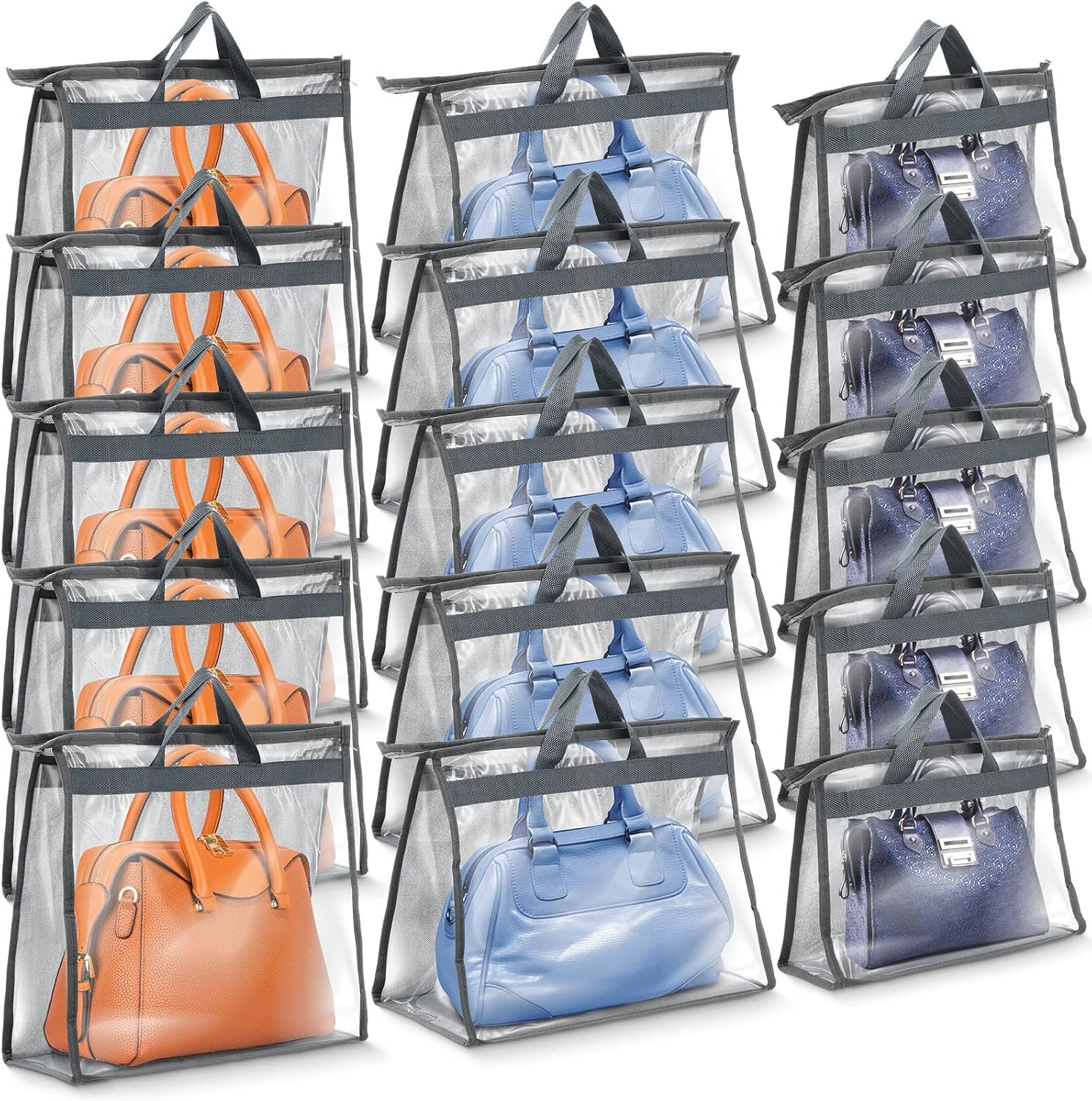 15 Pieces Dust Cover Organizer Bags for Handbags, 3 Sizes Clear Handbag Storage Bag Purse Storage with Zipper and Handles Dust Bags for Purses Handbags Closet, 5 Each Size (Gray)