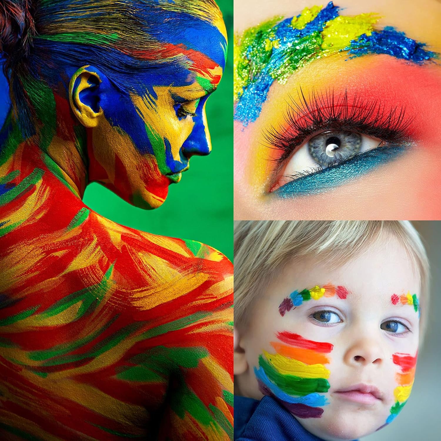 Face Paint Kit + 10Pcs Paint Brush Water Activated Body Paint SFX Makeup Palette for Cosplay Halloween Black White Face Painting Kits for Adults Matte Neon Special Effects Makeup Kit