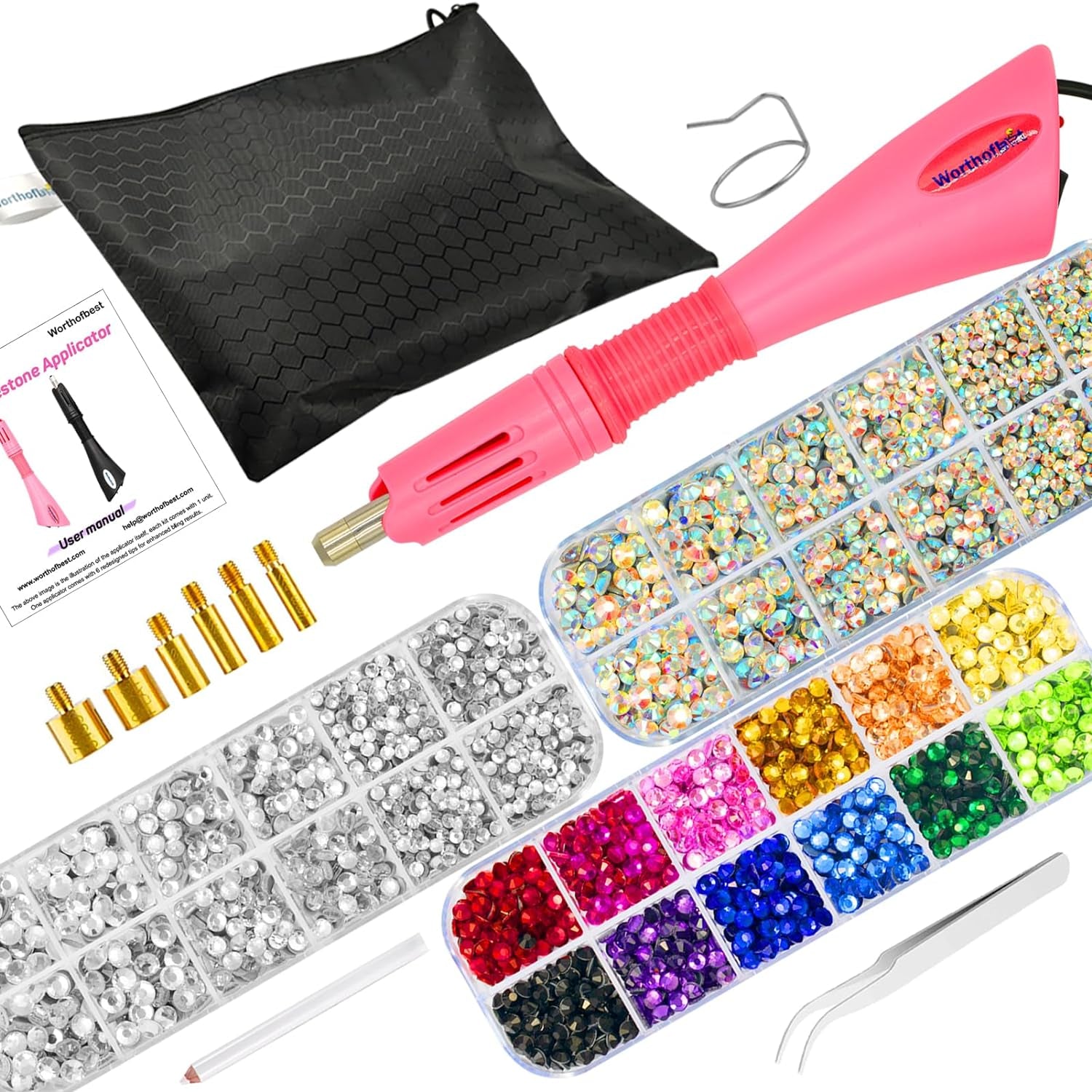 Hotfix Rhinestone Setter, Hot Fix Applicator Tool Bedazzler Kit with Rhinestones, Kit, Hot Fixed Wand for Clothes Clothing Fabric Crafts, 5000 Pcs, AB Crystal, Clear, 3 Gems Sizes, Tips