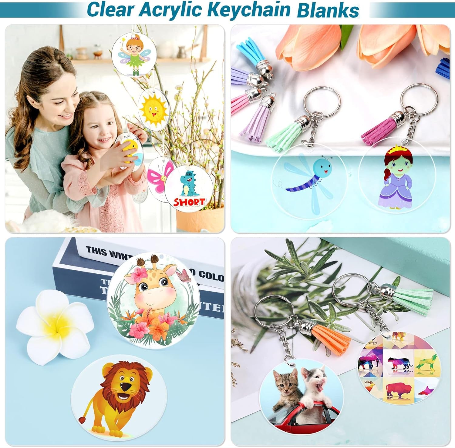 350Pcs Acrylic Keychain Blanks  Clear Acrylic Keychain Blanks for Vinyl with 60 Pcs Acrylic Blanks, 60 Pcs Keychain Tassels, 170 Pcs Jump Rings and 60Pcs Keychain Rings for DIY Keychain Craft