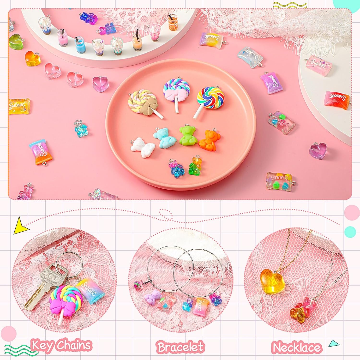 82 Pieces Candy Pendant Charm for Jewelry Making, Includes 24 Resin Candy Pendant, 22 DIY Bear Charms, 14 Gummy Heart Charms, 10 Lollipop Polymer Clay Charms and 12 Milk Tea Ice Cream Charms