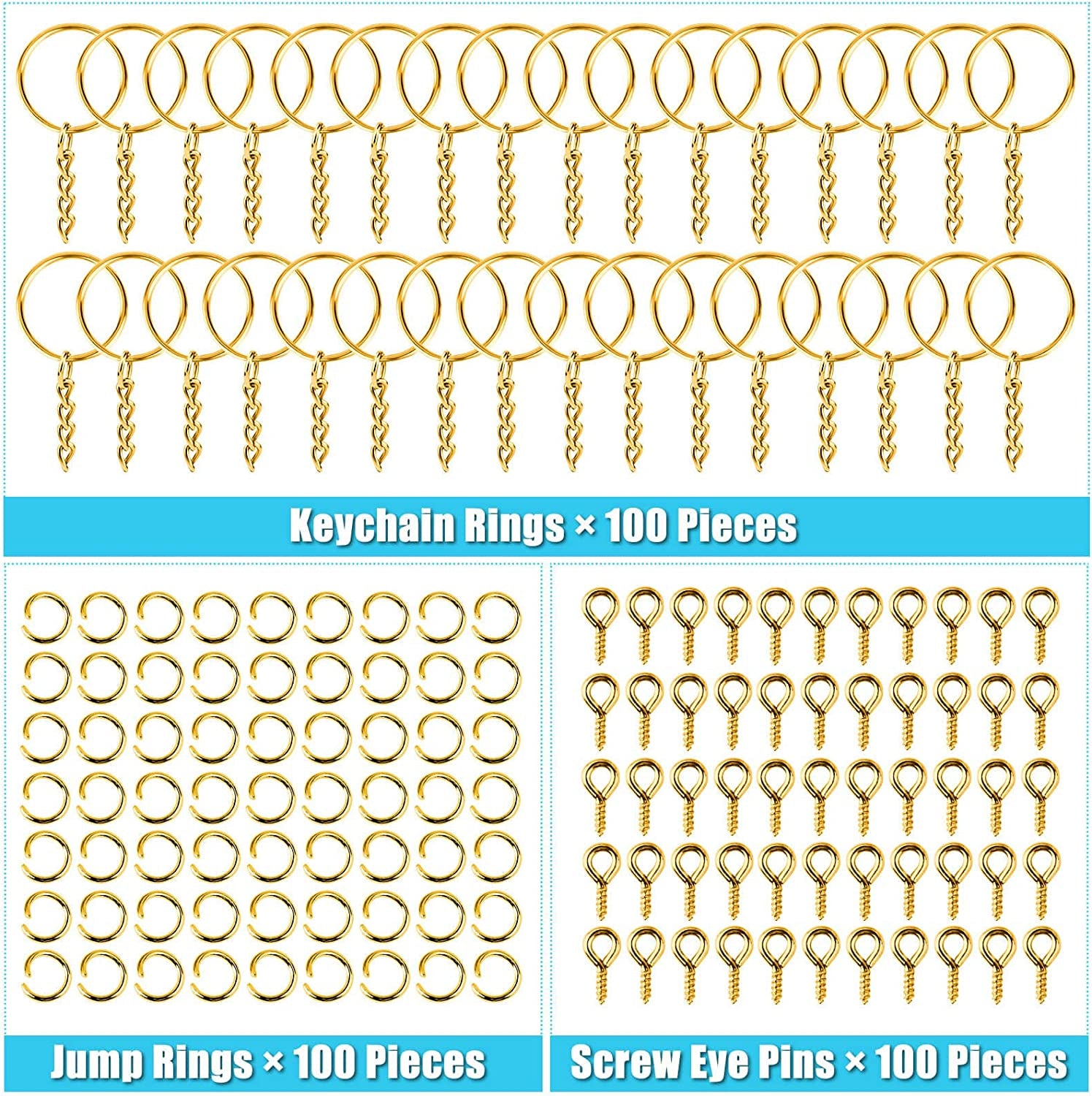 Keychain Rings Kit for Crafts Gold,  Includes 100Pcs Split Key Ring with Chain, 100Pcs Jump Rings and 100Pcs Screw Eye Pins for Resin Keychain Making