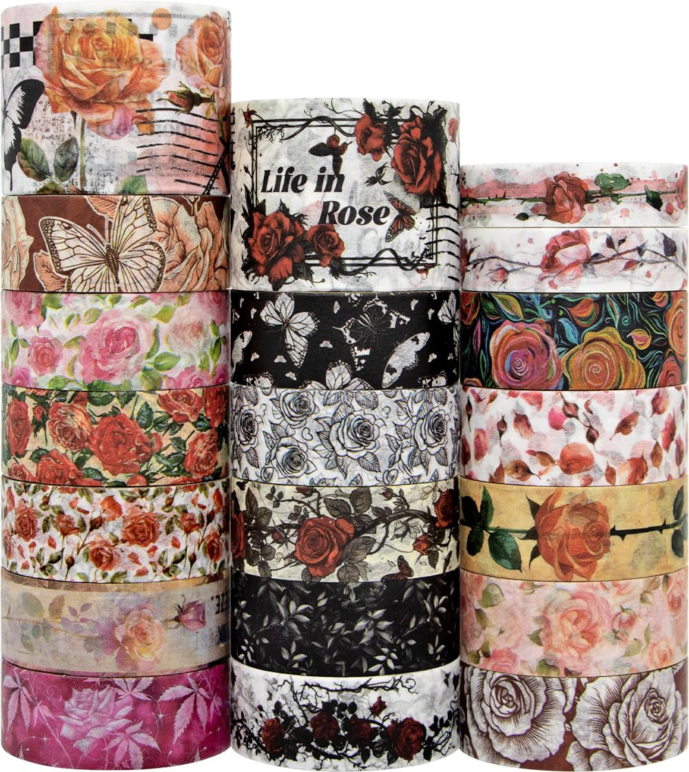 Rose Washi Tape Set, 20 Rolls Vintage Floral Washi Tapes for Journaling, Thanksgiving Flower Letter Butterfly Stickers Decorative Tapes for Crafts Supplies, Scrapbooking, Junk Journal (Love Theme)