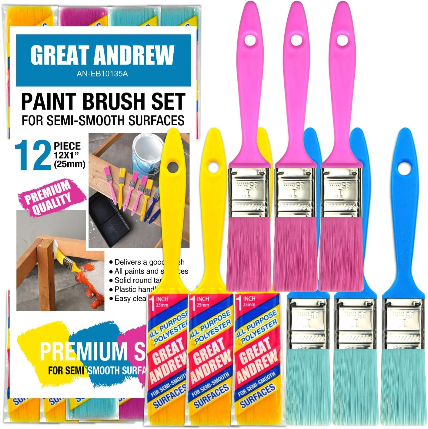 12 Pcs Artist Paint Brushes for Acrylic Painting, 1 Inch Small Watercolor Oil Paint Brush Set with Colorful Handle, Mini Craft Brushes for Kids Painting Classes or Outdoor Painting Project