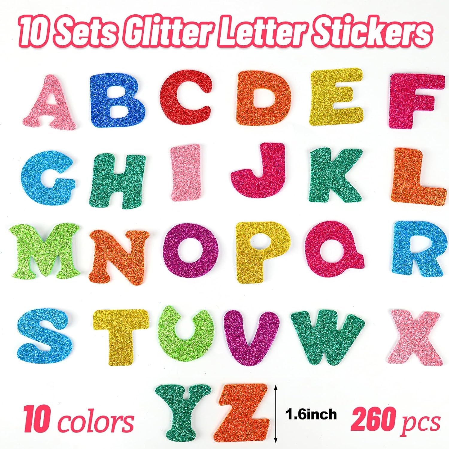 260Pcs Glitter Letters Stickers Foam Alphabet Stickers, 10 Sets 1.5 Inch Self-Adhesive A-Z Foam Letter Stickers Crafts Supplies Stickers for Kids School Project Party Decorations,10 Colors