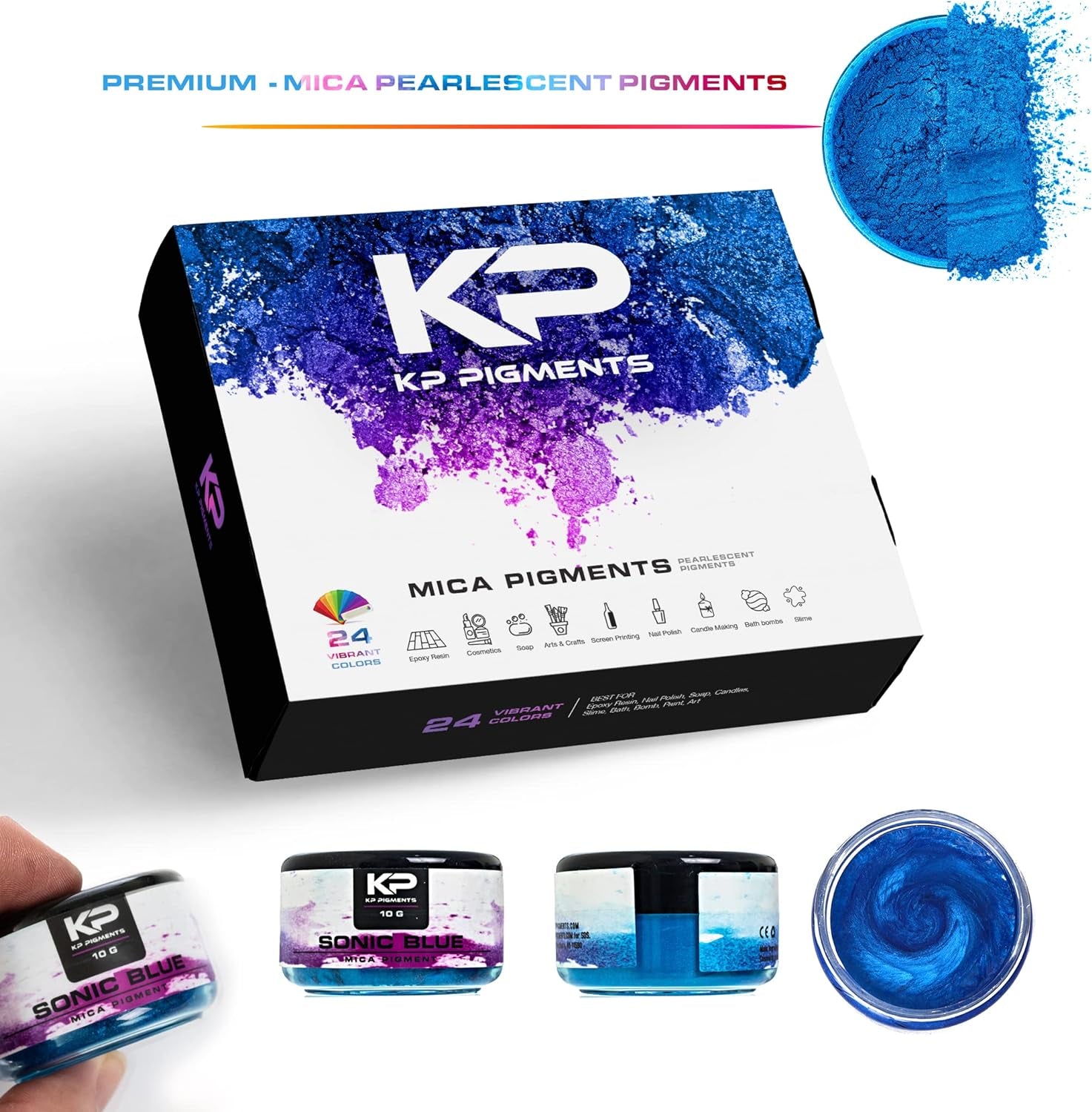 Pearlescent 100% Pure Fine Mica Powder - 24 Color Assortment 10 Grams Each Naturally Pigmented Multipurpose DIY Arts and Crafts, Dye, Soap Making, Cosmetics, Epoxy Resin, Paint, and More!