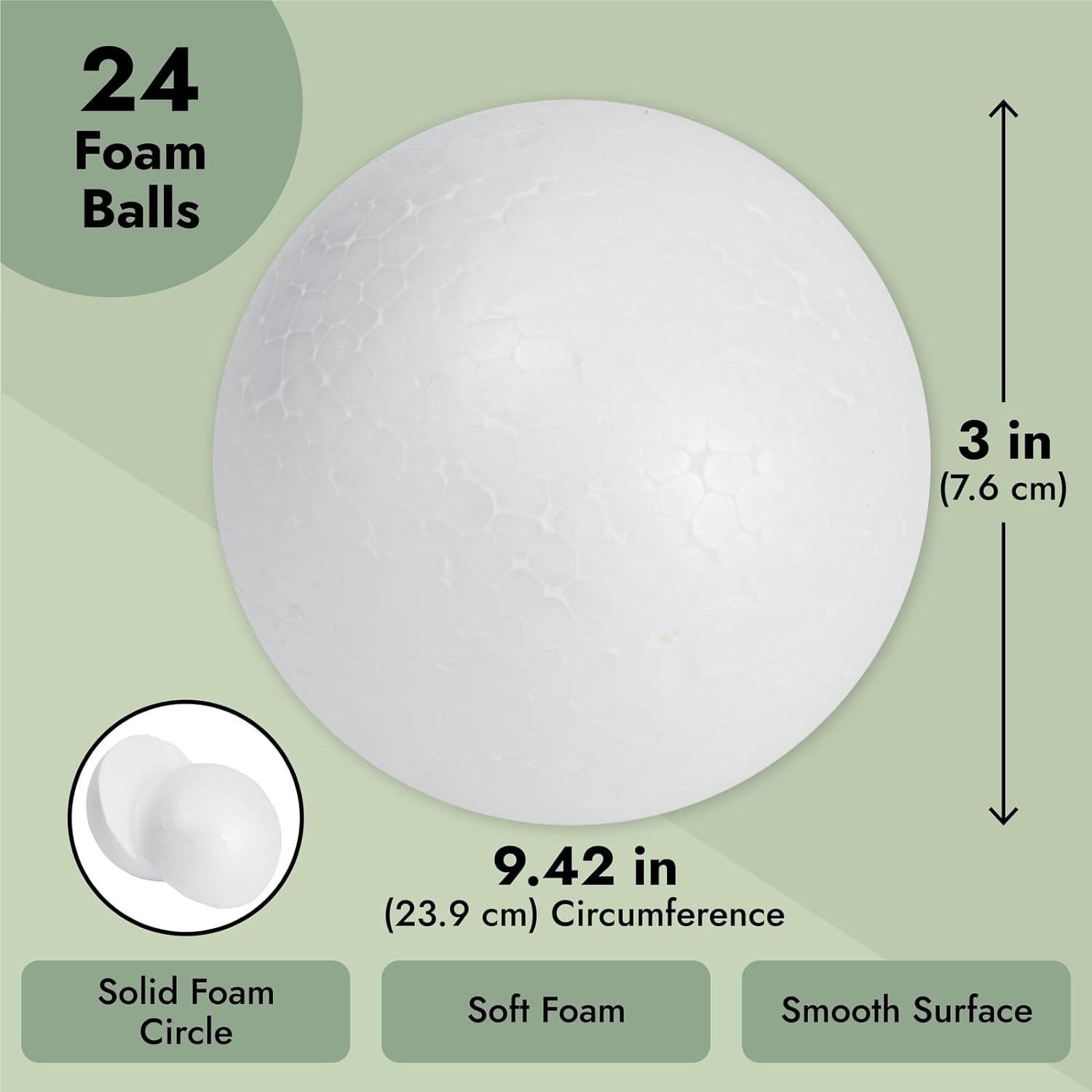 24 Pack 3 Inch Foam Balls for Crafts, Smooth Polystyrene Spheres for DIY Decorations, Classroom Projects