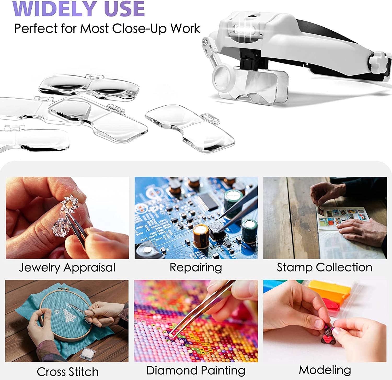 Magnifying Glass with Light Hands Free - 1X to 14X Magnifying Glasses with Light for Close Work, Jewelers Magnifying Glass Magnifying Headset with 6 Lenses for Hobby, Reading, Crafts