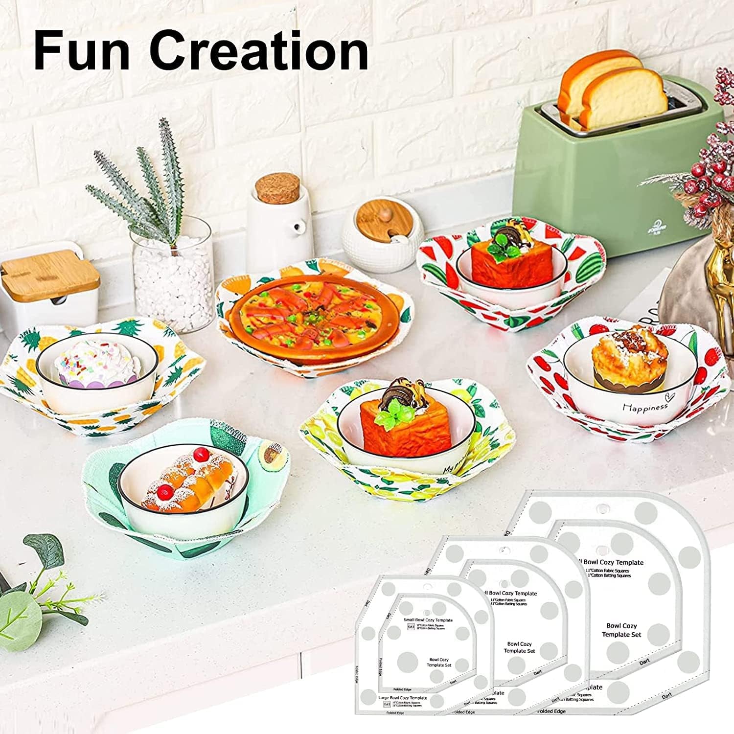 Bowl Cozy Template Cutting Ruler Set, 3Pcs Acrylic Transparent Quilting Bowl Templates for Hot and Cold Food Bowl Rack, DIY Kitchen Art Craft Acrylic Stencil Cut on Fold Template Sewing (White)