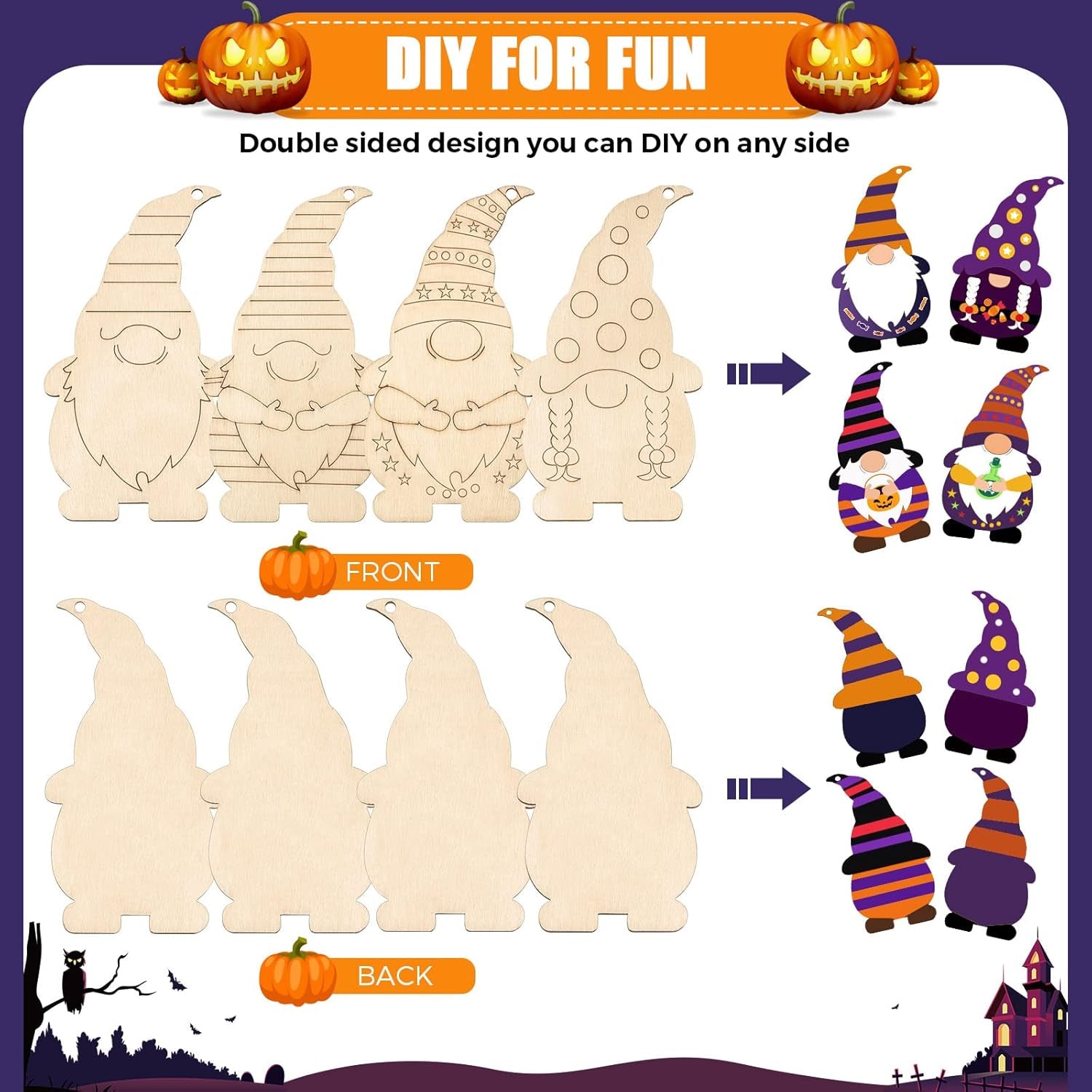 Halloween Unfinished Wooden Gnome Ornaments Include Blank Gnome Cutout Hanging Slices, Colored Marker, Bells for Kids Christmas Tree Craft Painting DIY All Festival(40 Sets)