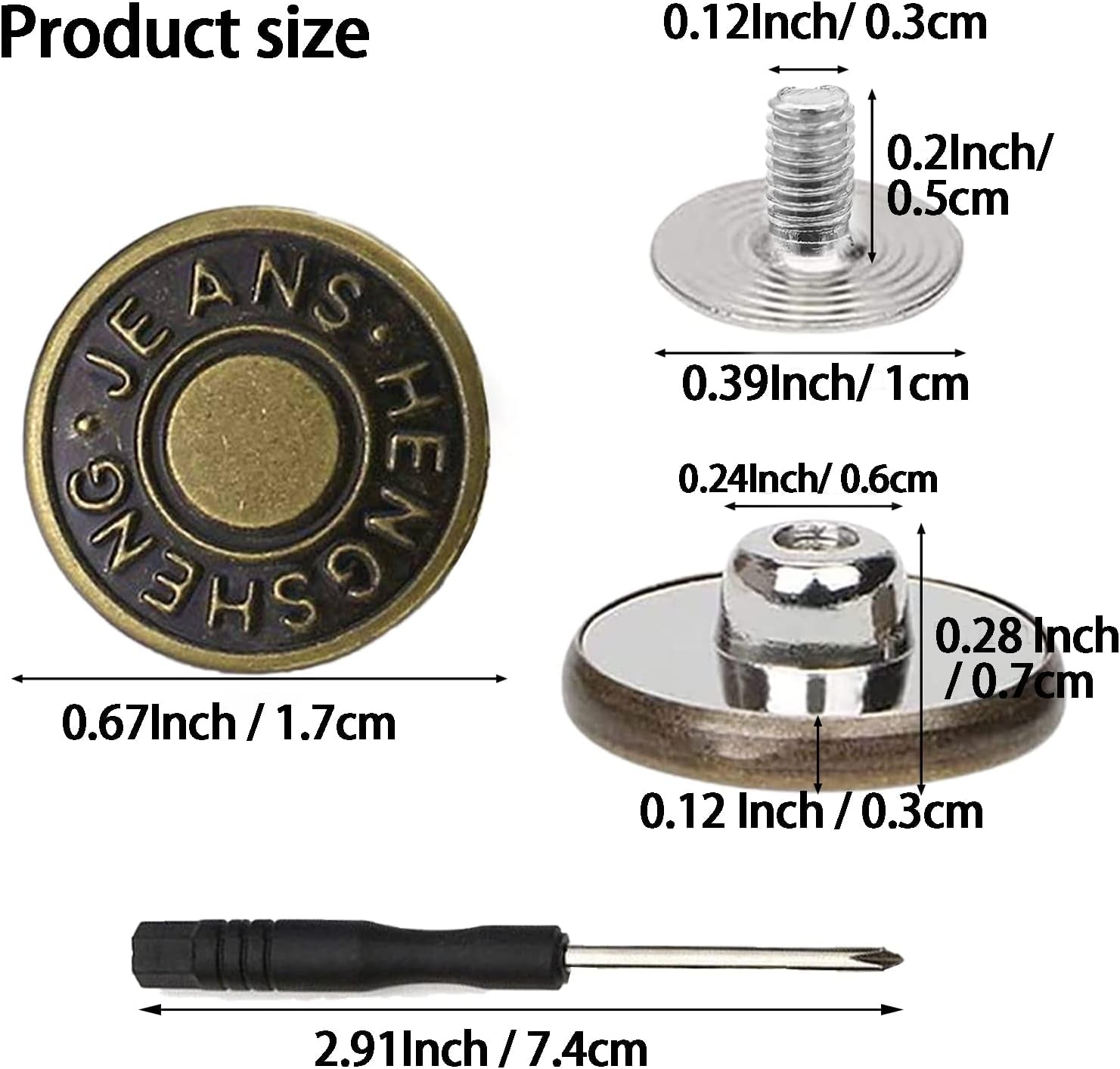 Buttons for Jeans,17 Mm No-Sew Nailess Removable Metal Jeans Buttons Replacement Repair Combo Thread Rivets and Screwdrivers,12 Replacement Buttons, Simple Installation, Reusable.