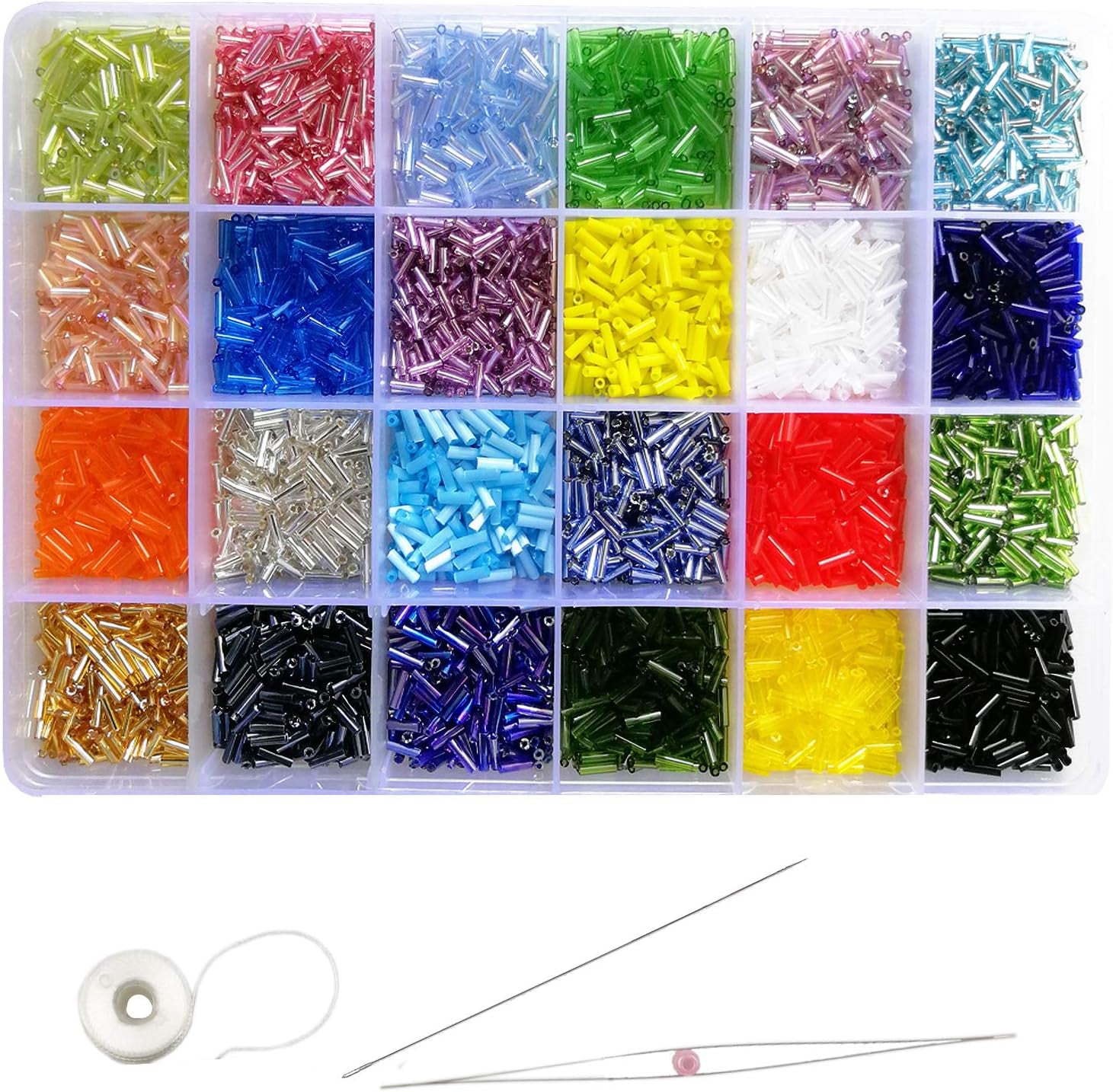 Crafts Glass Bugle Beads 6Mm Tube Spacer Beads Beading Needles with Organizer Box for Jewelry Making (24 Assorted Multicolor Set, Total about 7200Pcs)