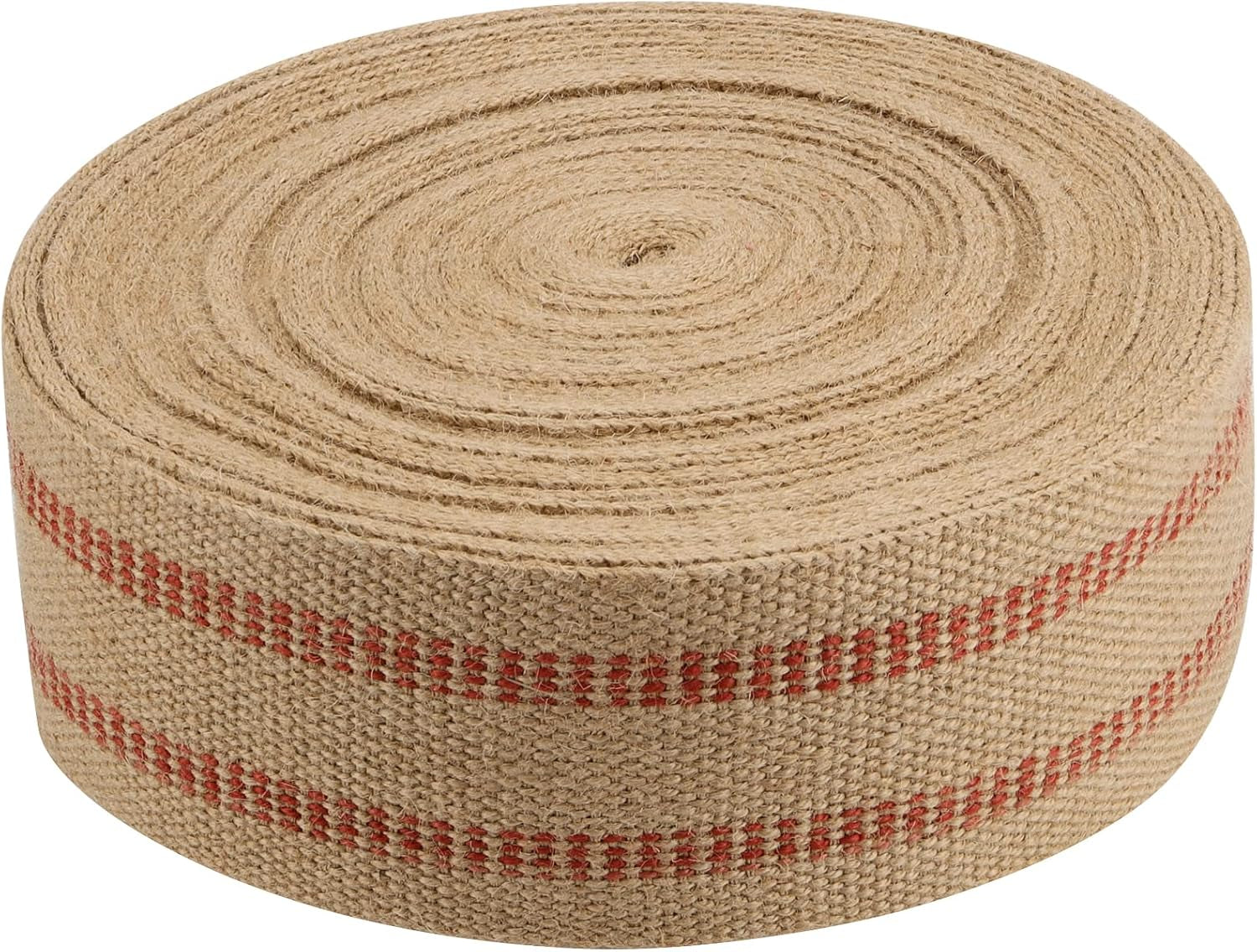 3.5 Inches X 33 Yards Upholstery/Craft Jute Webbing, Natural Chair Webbing with Red Stripes, Burlap Fabric Webbing Tape for Craft, Decoration, Furniture Repair