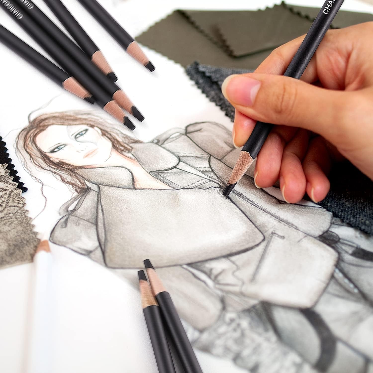 Professional Charcoal Pencils Drawing Set - 8 Pieces Soft Medium and Hard Charcoal Pencils for Drawing, Sketching, Shading