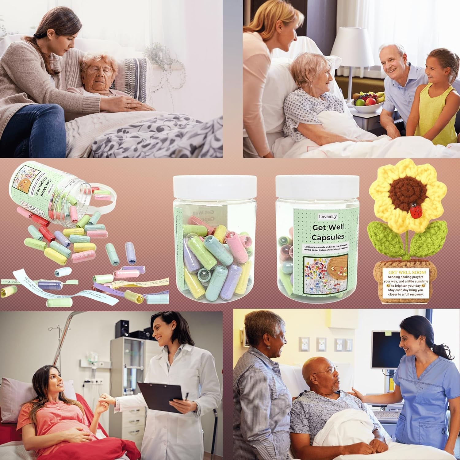 Get Well Soon Gifts - Positive Message Bottle and Knitted Positive Sunflower Crochet with Card Get Well Gifts for Women Men Patients after Surgery Cancer Chemo Sick Recovery Gifts Emotional Support