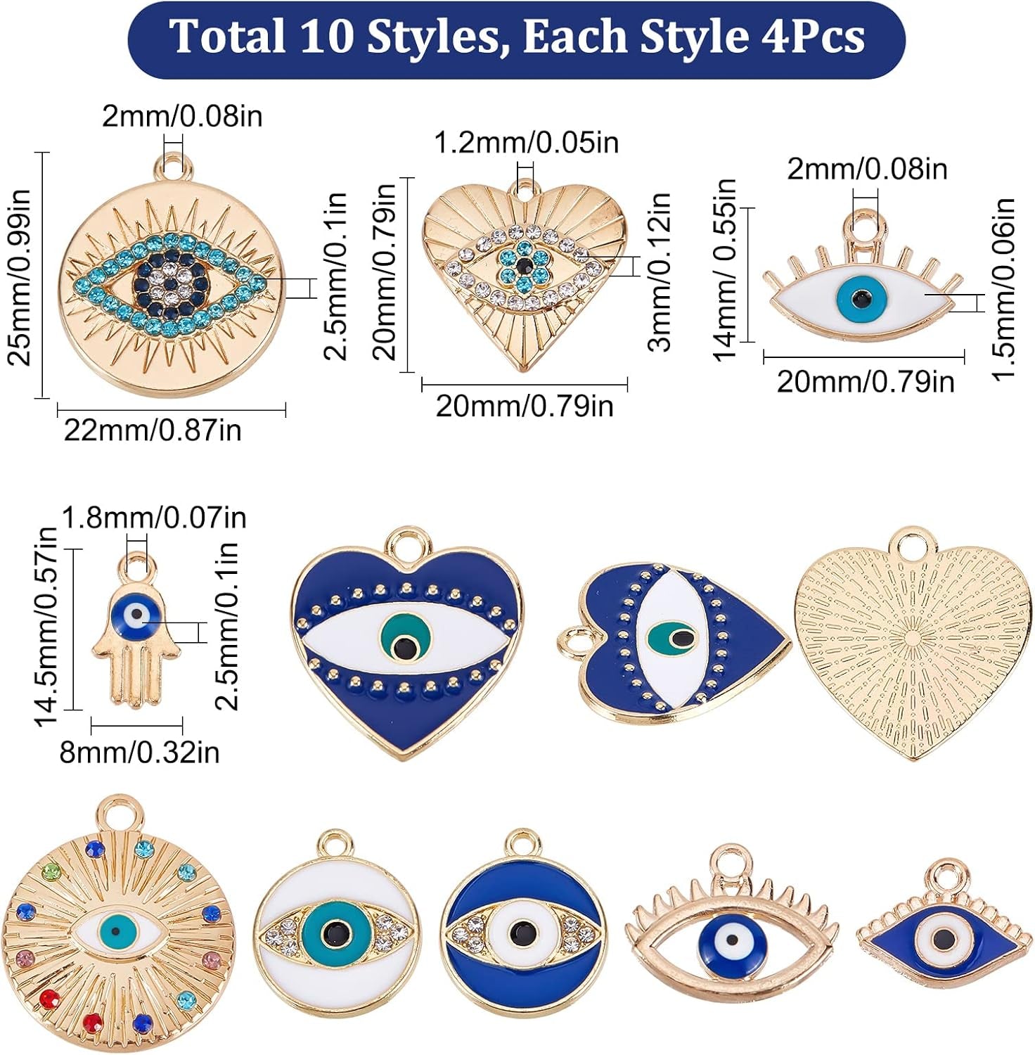 1 Box 40Pcs Evil Eye Charms Evil Eyes Charm Valentine'S Day Heart Charm Flat round Rhinestone Hamsa Hand Lucky Charms Love Charms for Jewelry Making Charm Earrings Necklace DIY Supplies
