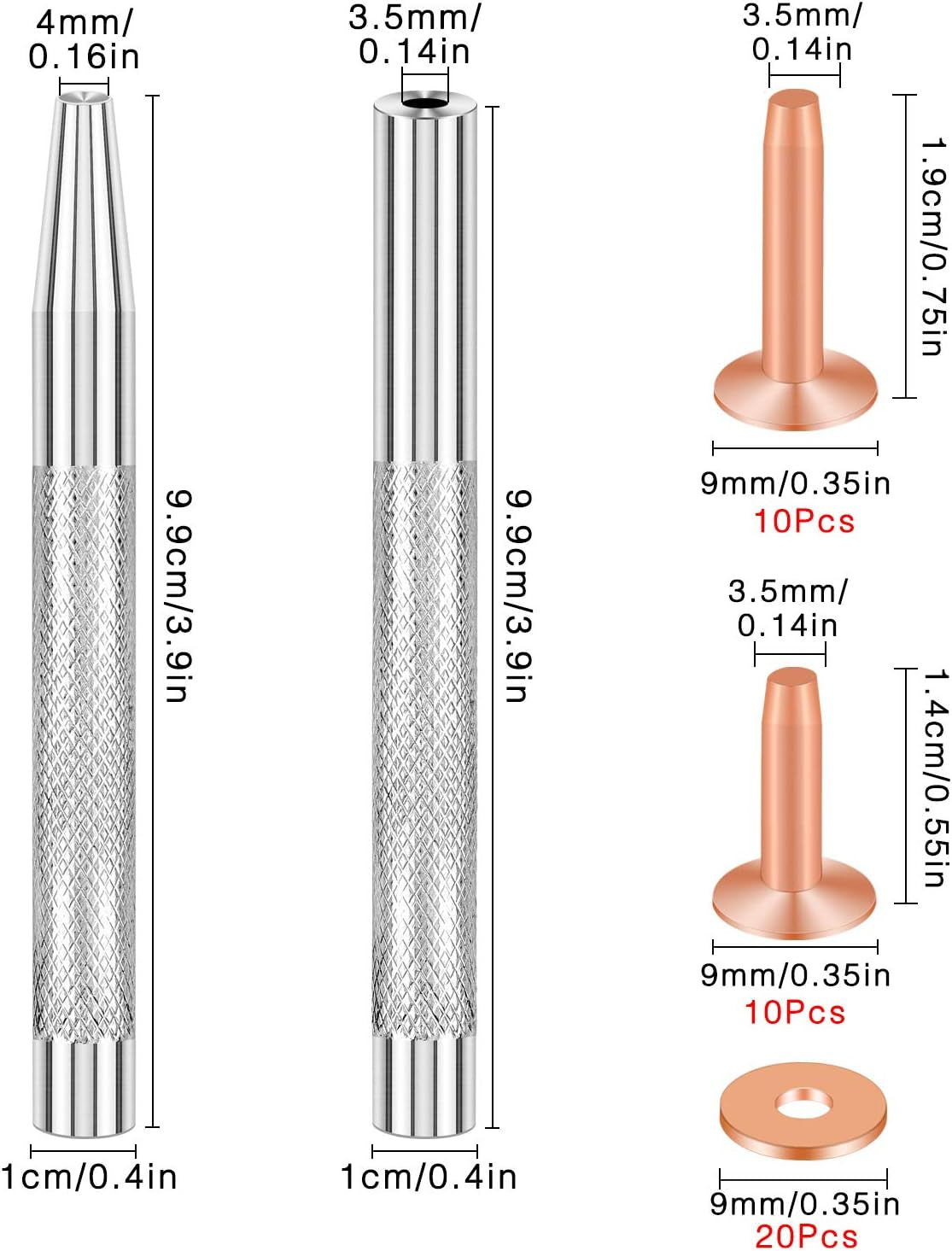 20Pack Copper Rivets and Burrs (14Mm and 19Mm) with 2Pcs Punch Rivet Tool for Belts, Bags, Collars, Leather-Crafting, Bracelets