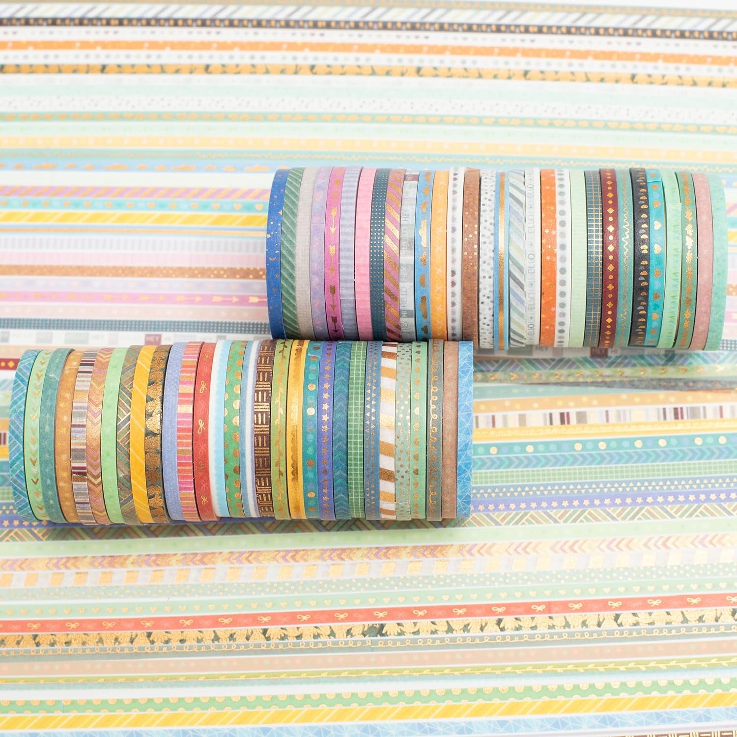 60 Rolls Skinny Washi Tape Set Gold Foil Masking Thin Basic Patterns Decorative Tapes for Arts, DIY Crafts, Journals, Planners, Scrapbook, Wrapping