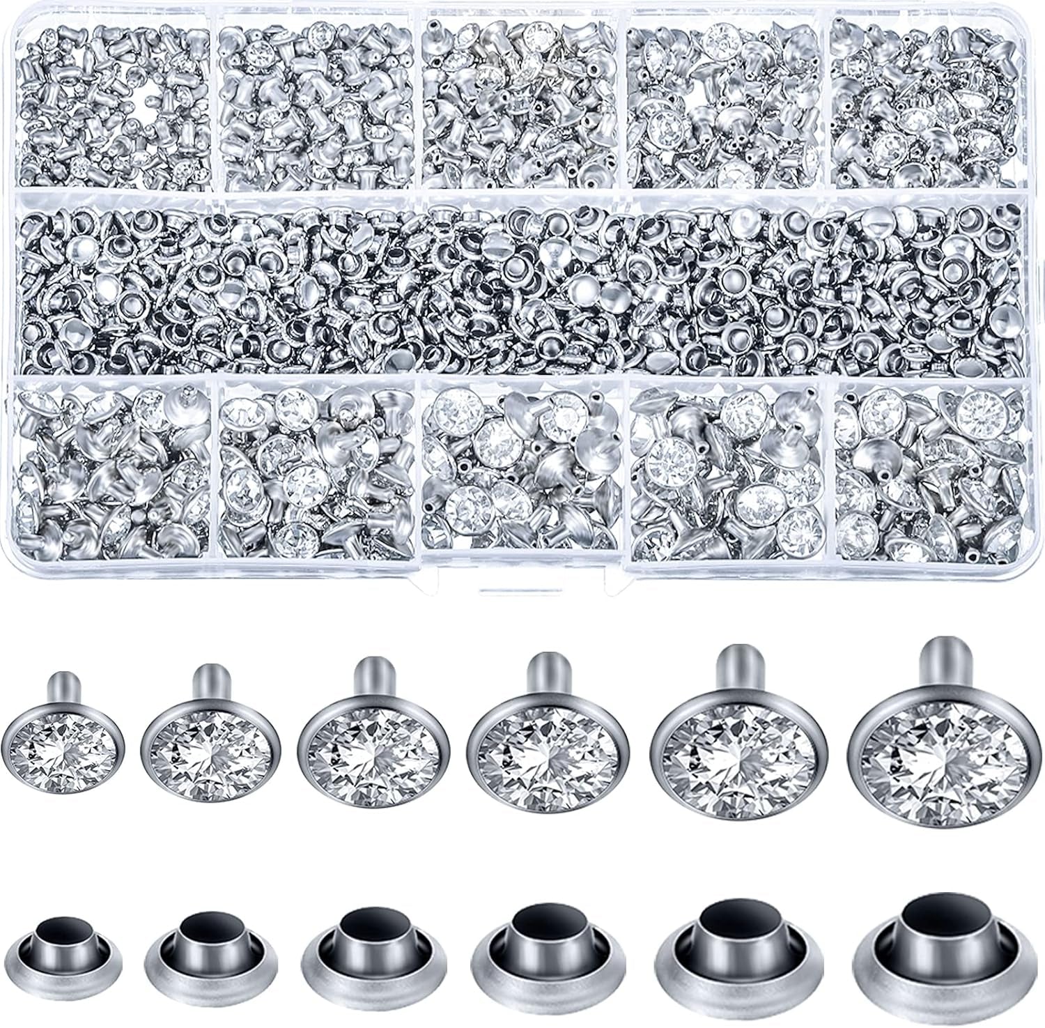 600 Sets 6 Sizes White Clear Rhinestone Rivets Crystal Rivets Rapid Rhinestone Stud Silver Color Rivets Fit Punk Rock DIY for Clothing, Wedding, Performance, Arts and Crafts Decoration