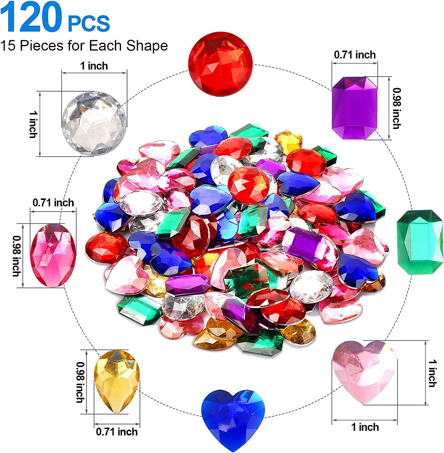 1" Jewels for Crafting Assorted Colorful Flat Back Heart Shaped Jewel Gems Acrylic Rhinestones for Crafts, Manualidades Accesorios Decoraciones Costume Making Cosplay Jewels for Embelishments 120 Pack