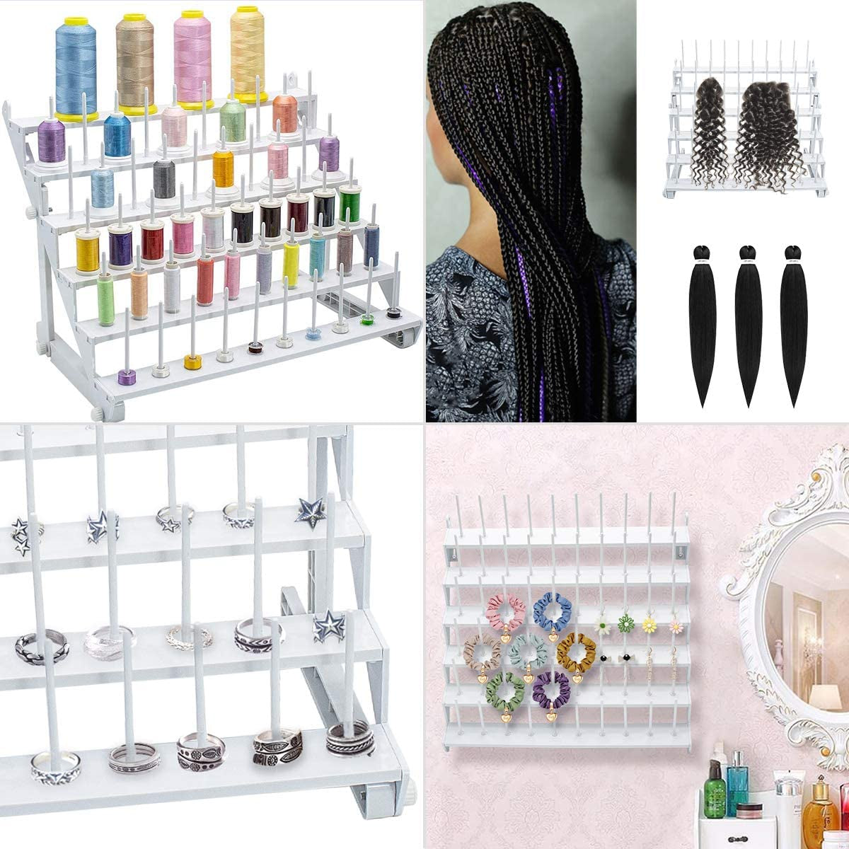 Thread Rack for 60 Spools or 30 Cones, Wall Mounted Large Thread Holder with Long Pegs, Bright White Plastic Thread Stand for Embroidery Serger Sewing Thread Storage and Hair Braiding