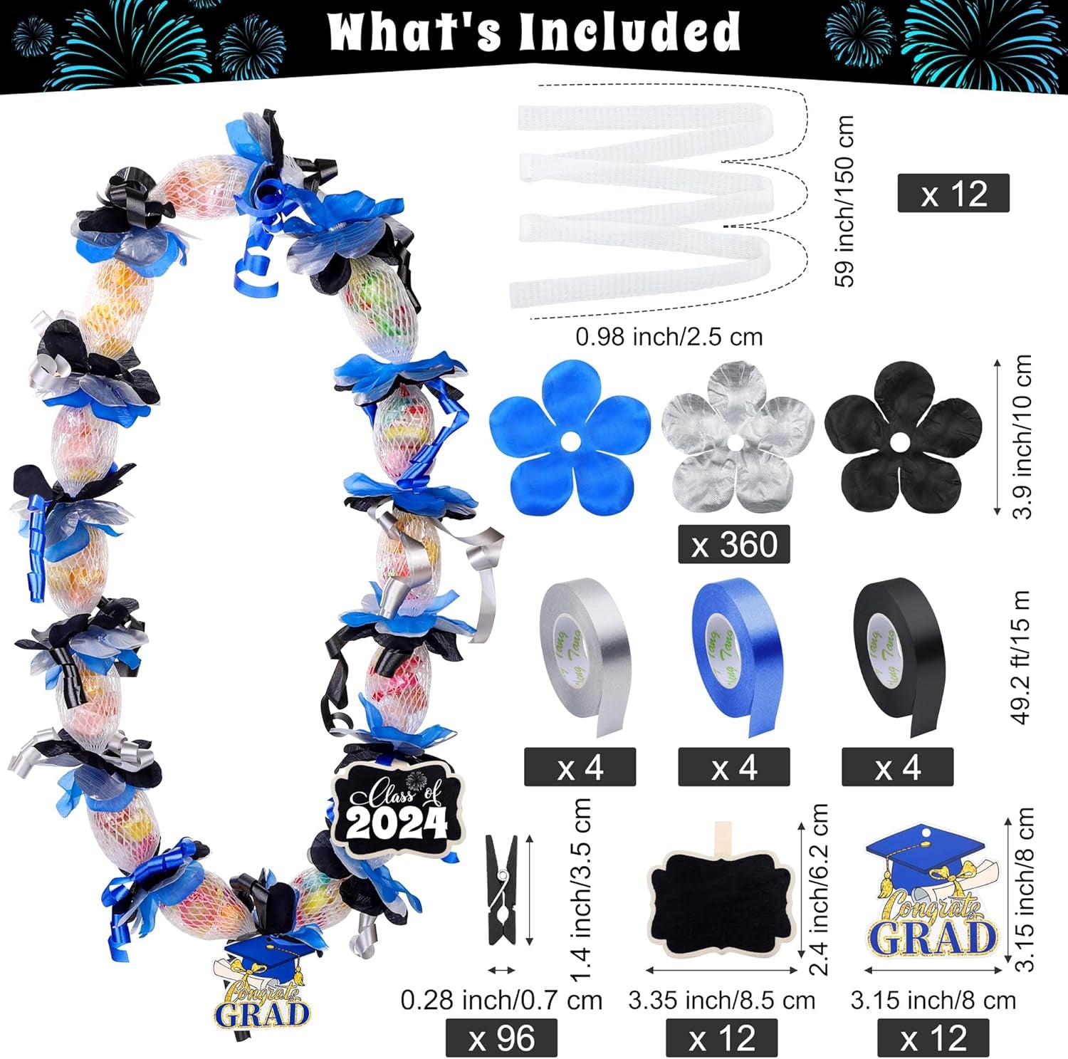 12 Sets 2024 Graduation Candy Lei Making Kit Candy Lei Tubing Include Mesh Poly Tubing 197 Yard Gift Ribbon Grad Petal Clip Mini Chalkboards Grad Cap Card for Crafts Graduation Party Gift, Blue