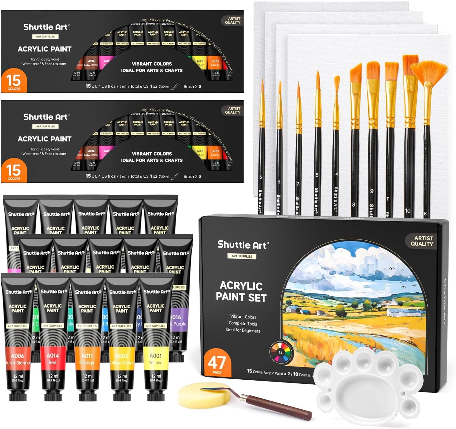 47 Pack Acrylic Paint Set,  15 Colours (12Ml Each, 2Pack) Acrylic Paint with 10 Brushes Painting Canvas Knife Palette Sponge, Complete Gift Set for Kids, Adults Painting Canvas, Ceramic